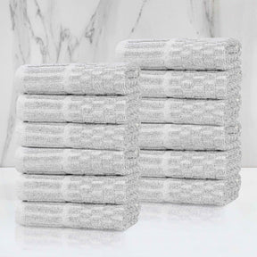 Juno Cotton Blend Checkered Ribbed Border Face Towels Washcloths, Set of 12