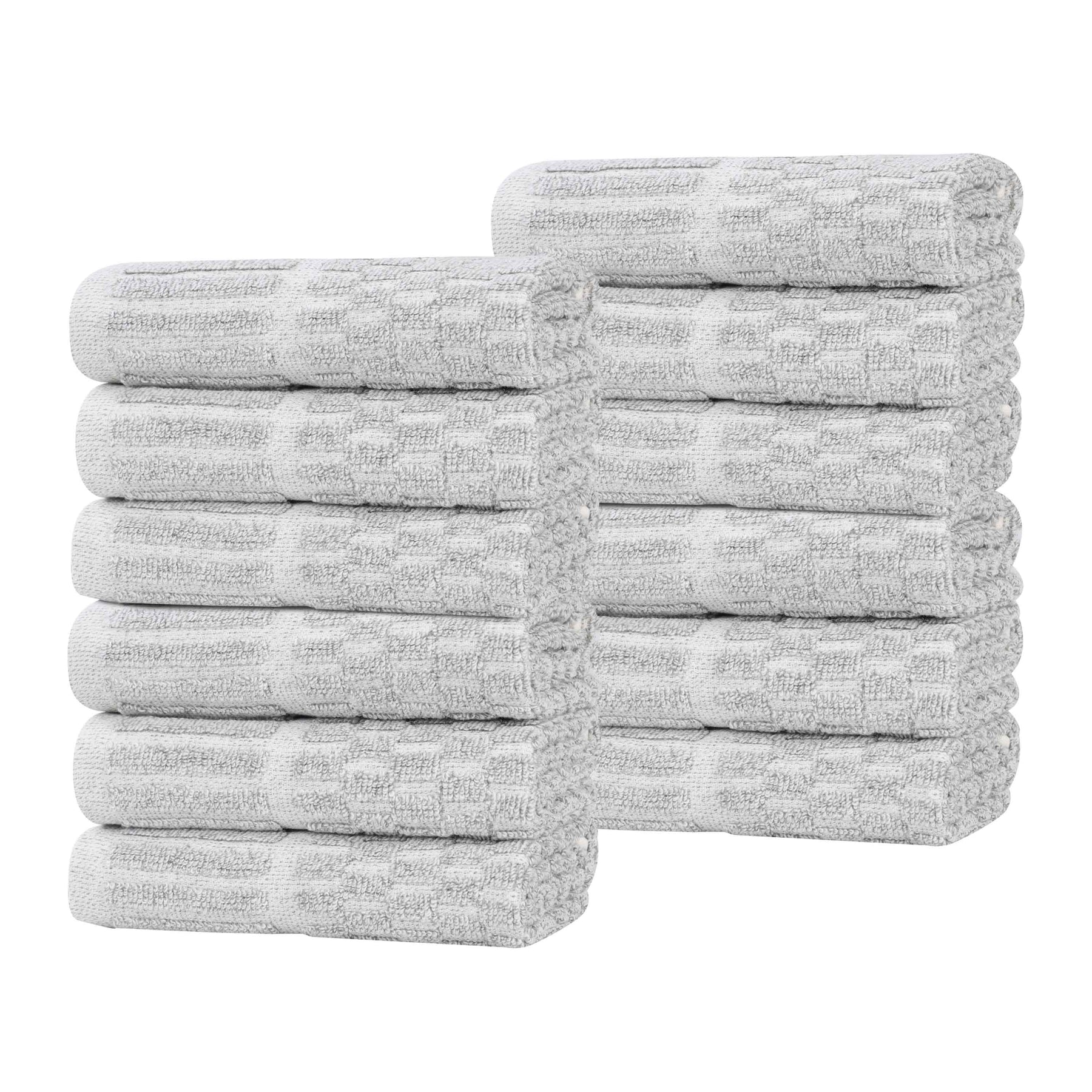 Juno Cotton Blend Checkered Ribbed Border Face Towels Washcloths, Set of 12