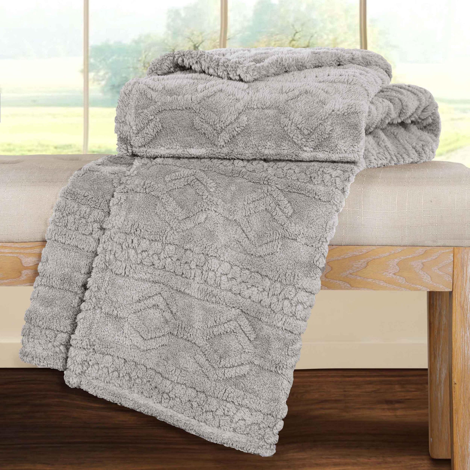 Arctic Boho Knit Jacquard Fleece Plush Medium Weight Fluffy Blanket - Platinum