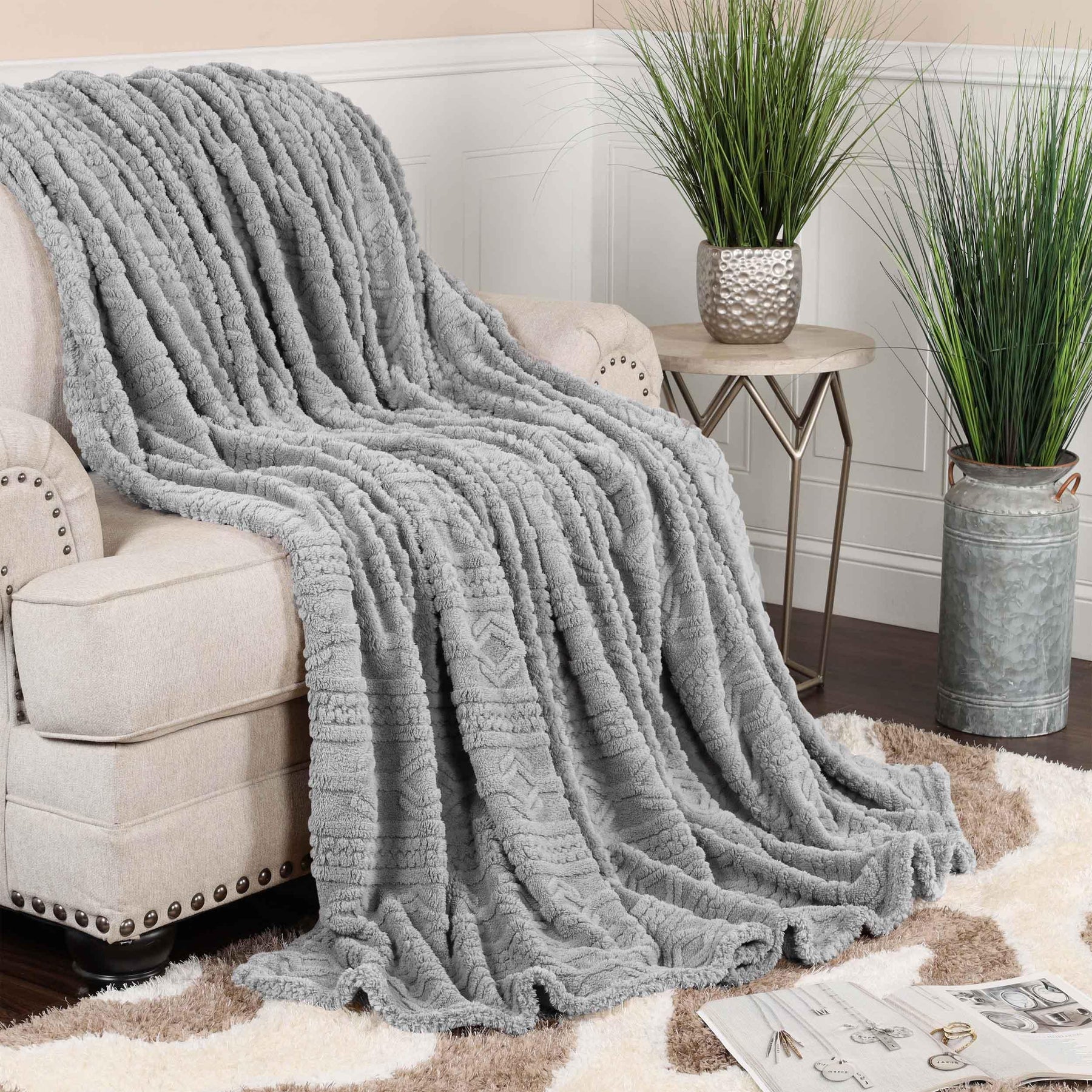 Arctic Boho Knit Jacquard Fleece Plush Medium Weight Fluffy Blanket - Platinum