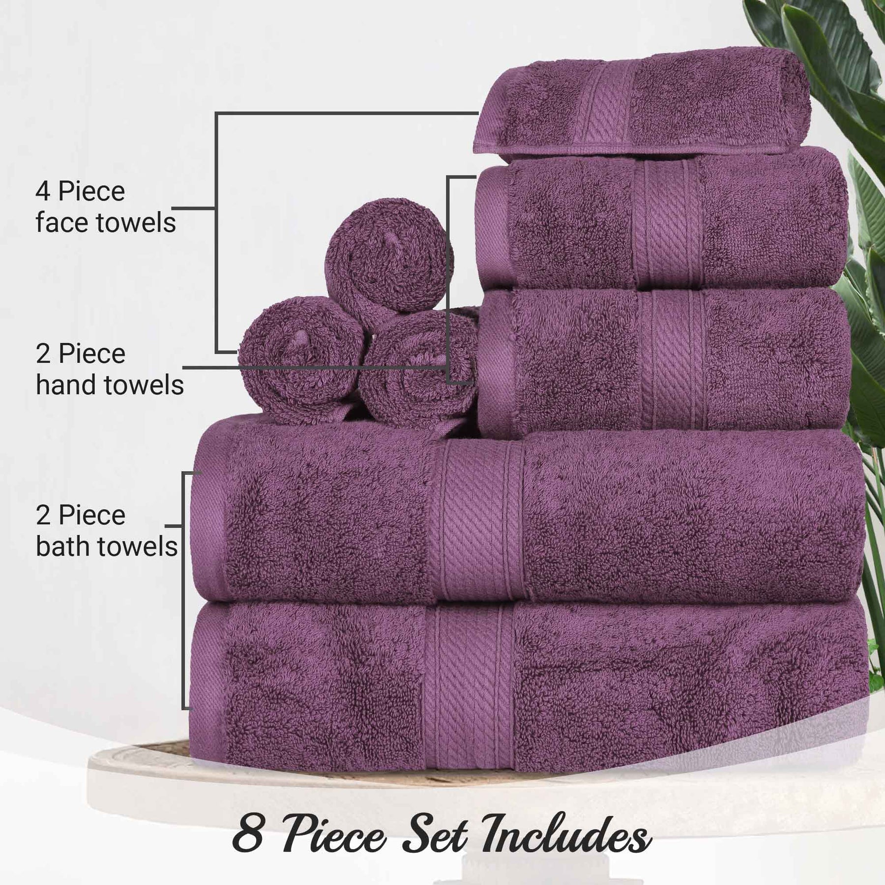 Egyptian Cotton Pile 8 Piece Ultra Plush Solid Towel Set - Plum