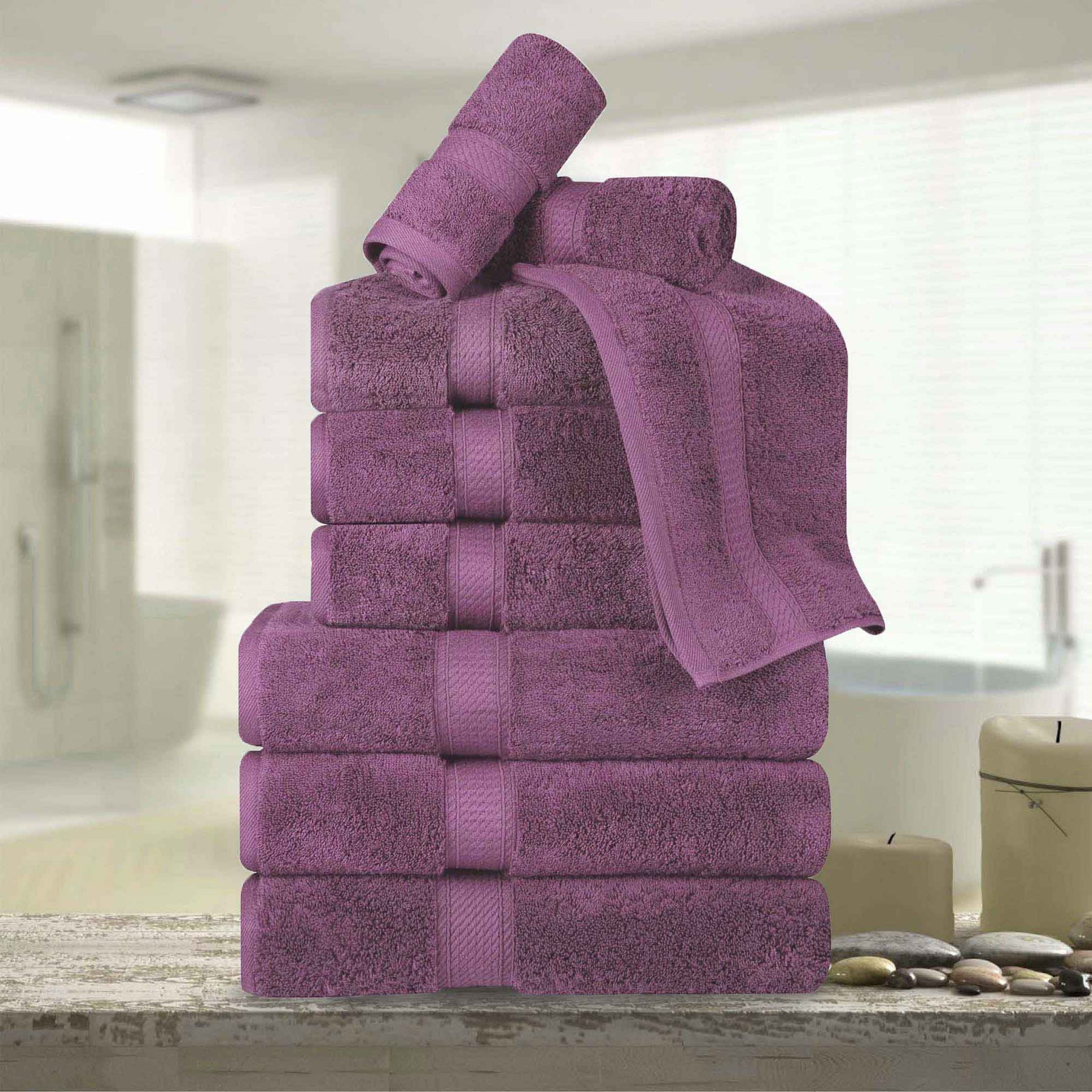 Egyptian Cotton Pile Plush Heavyweight Absorbent 9 Piece Towel Set - Plum