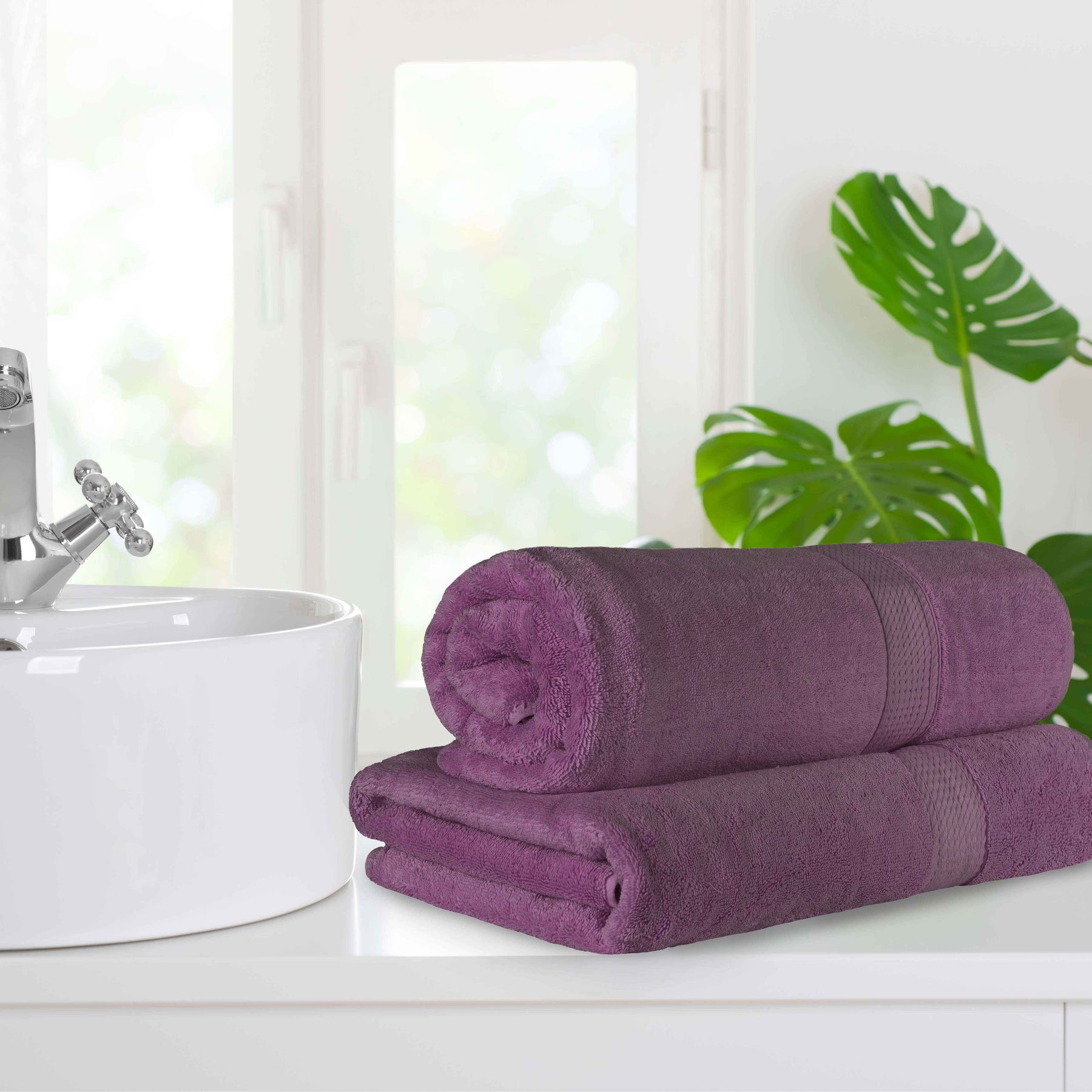 Egyptian Cotton Pile Absorbent 2 Piece Plush Solid Bath Sheet Set - Plum