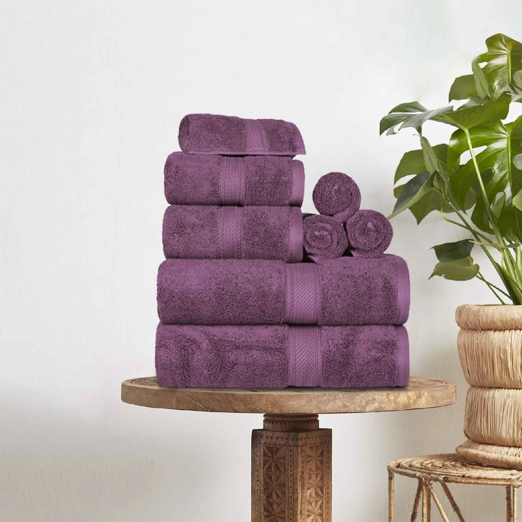 Egyptian Cotton Pile 8 Piece Ultra Plush Solid Towel Set - Plum