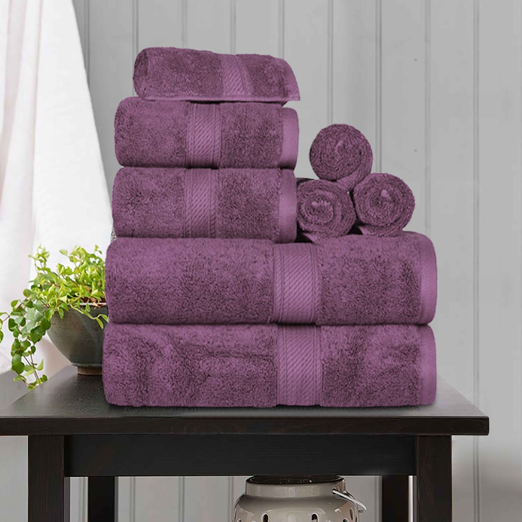 Egyptian Cotton Pile 8 Piece Ultra Plush Solid Towel Set - Plum