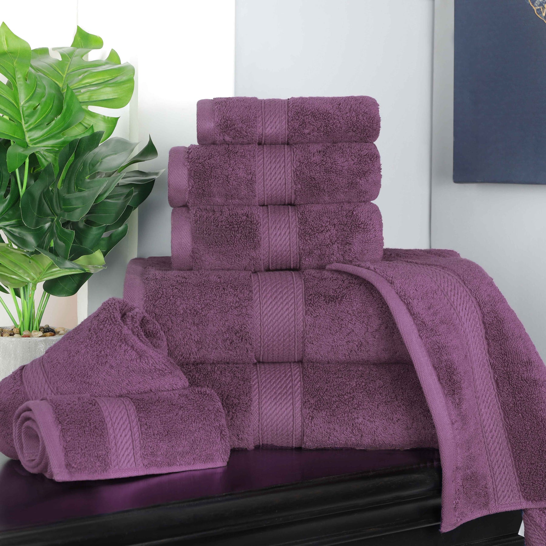 Egyptian Cotton Pile 8 Piece Ultra Plush Solid Towel Set - Plum