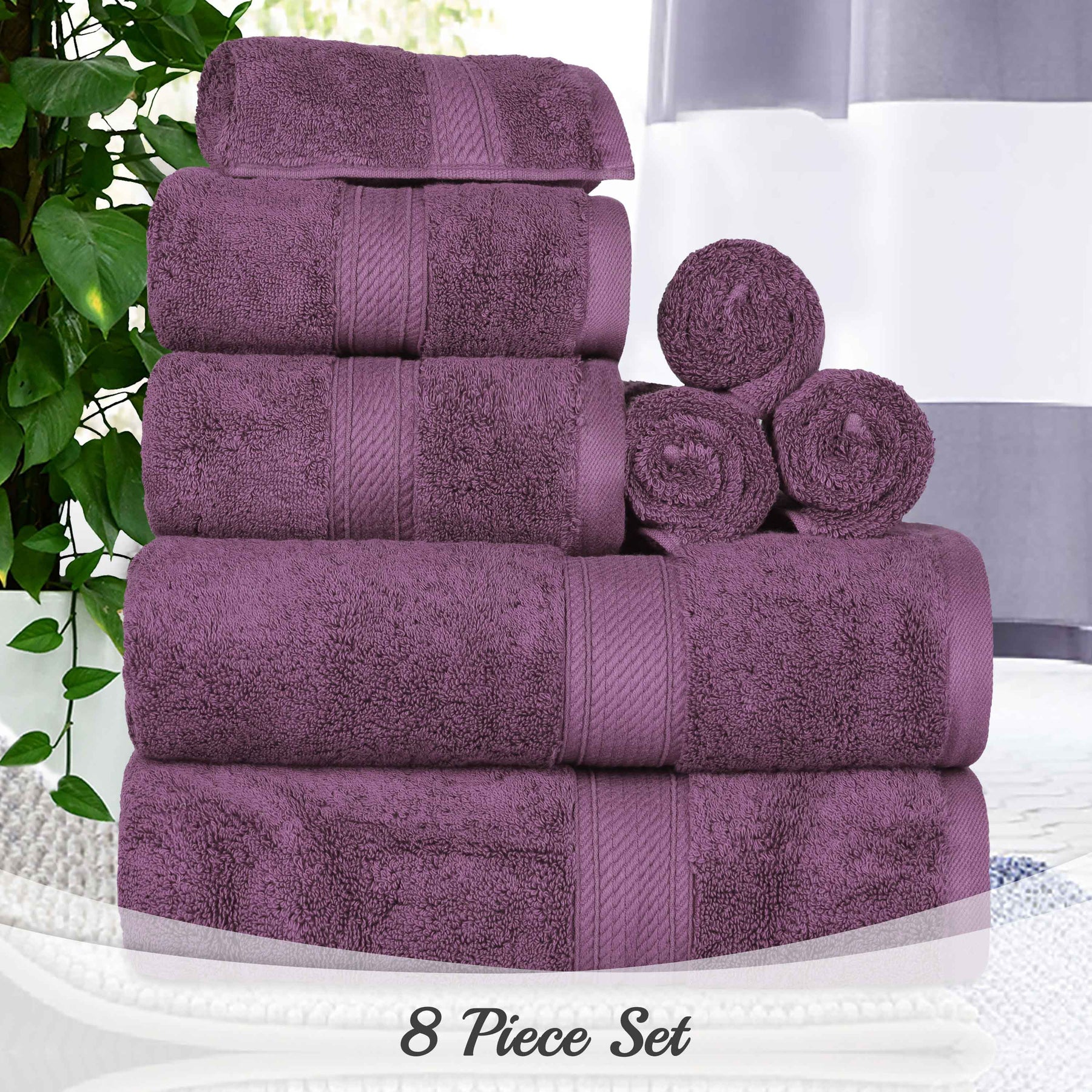 Egyptian Cotton Pile 8 Piece Ultra Plush Solid Towel Set - Plum