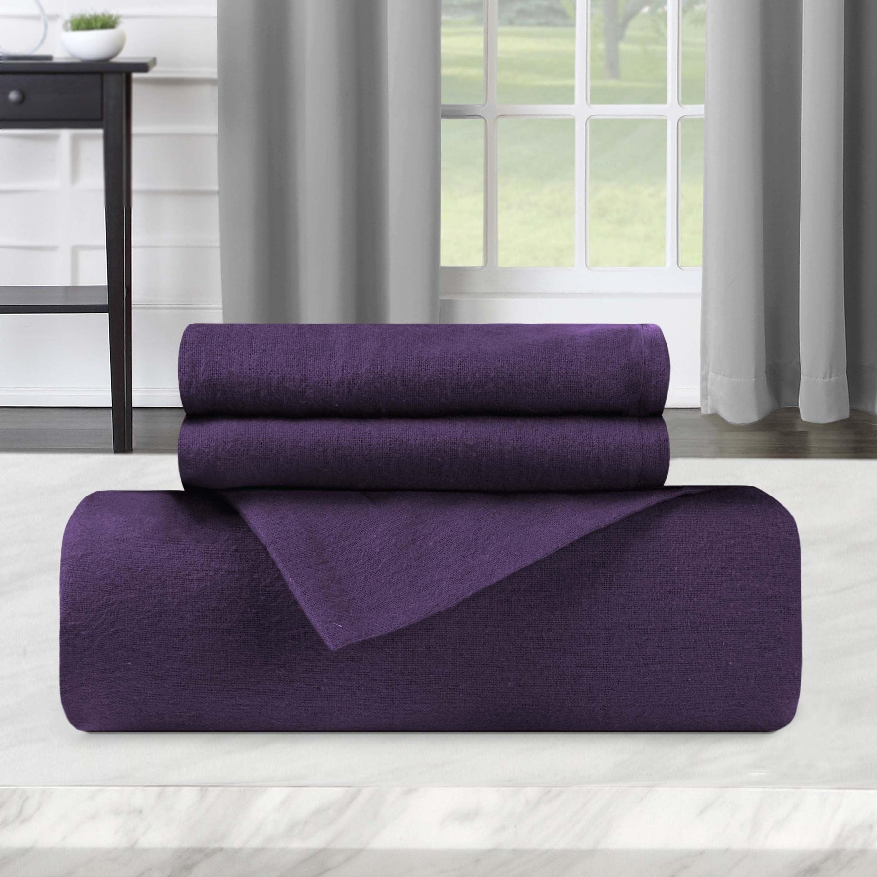 Flannel Cotton Modern Solid Fuzzy Duvet Cover Set With Pillow Shams- Purple