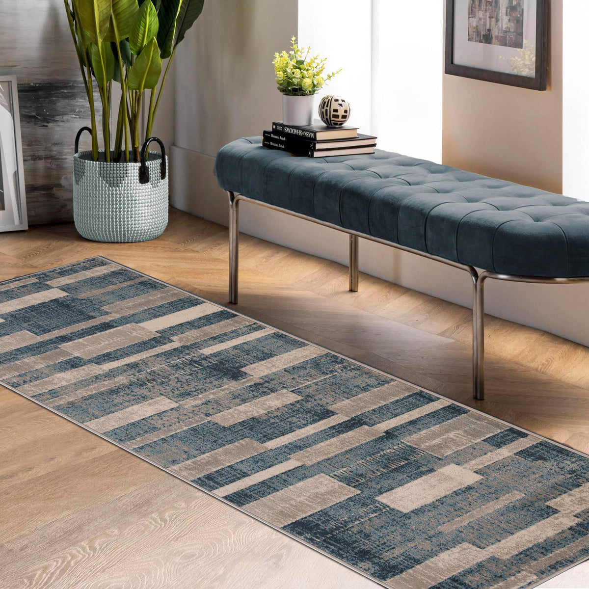 Radko Modern Striped Indoor Area Rugs or Runner Rug - Blue-Cream