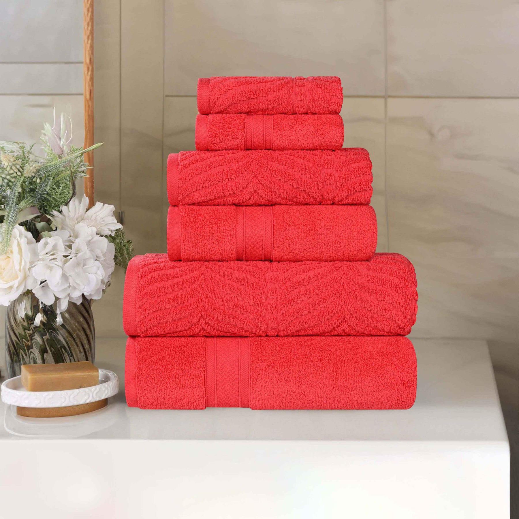 Chevron Zero Twist Solid and Jacquard Soft Cotton 6 Piece Towel Set