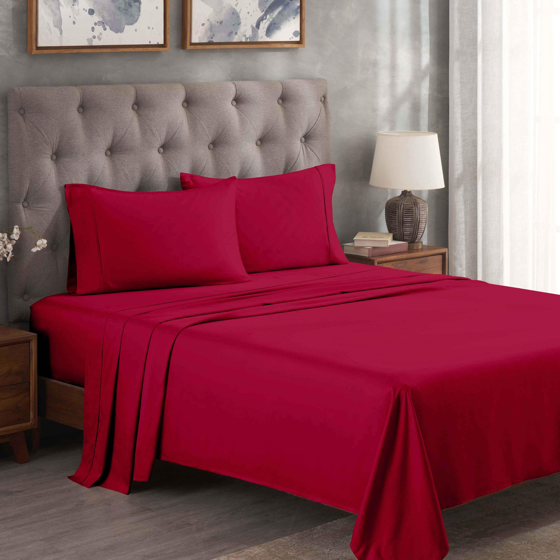 Egyptian Cotton 300 Thread Count Solid Deep Pocket Bed Sheet Set - Red