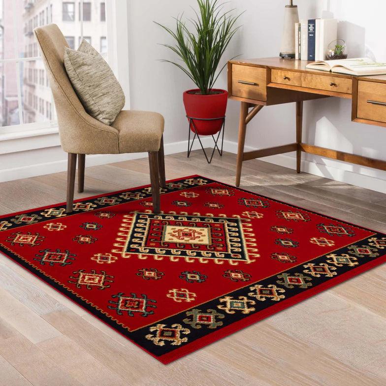 Santa Fe Geometric Floral Ikat Indoor Area Rug Or Runner Rug - Red