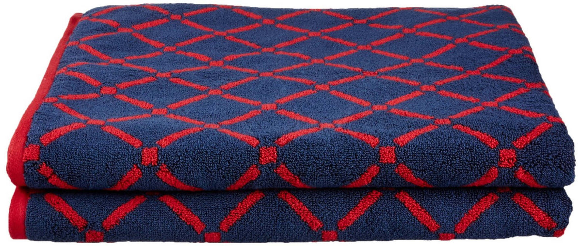 Cotton Diamond Geometric 2 Piece Bath Sheet Set - Red-NavyBlue