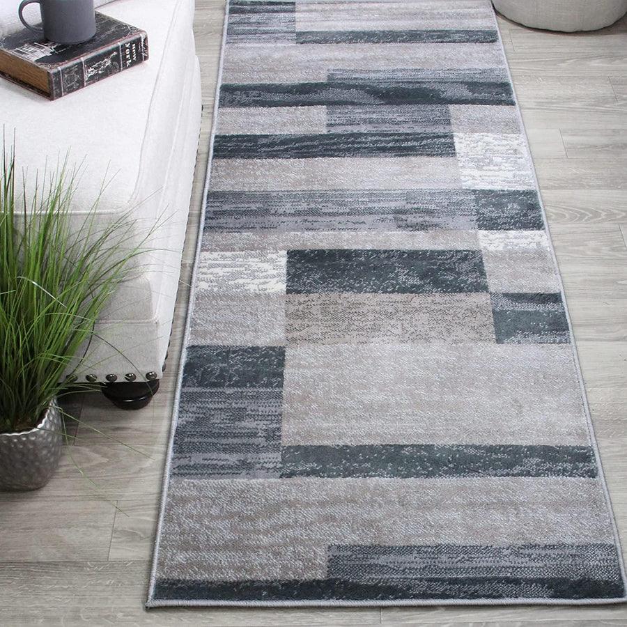 Rockwood Modern Geometric Patchwork Indoor Area Rug or Runner - Blue-Taupe