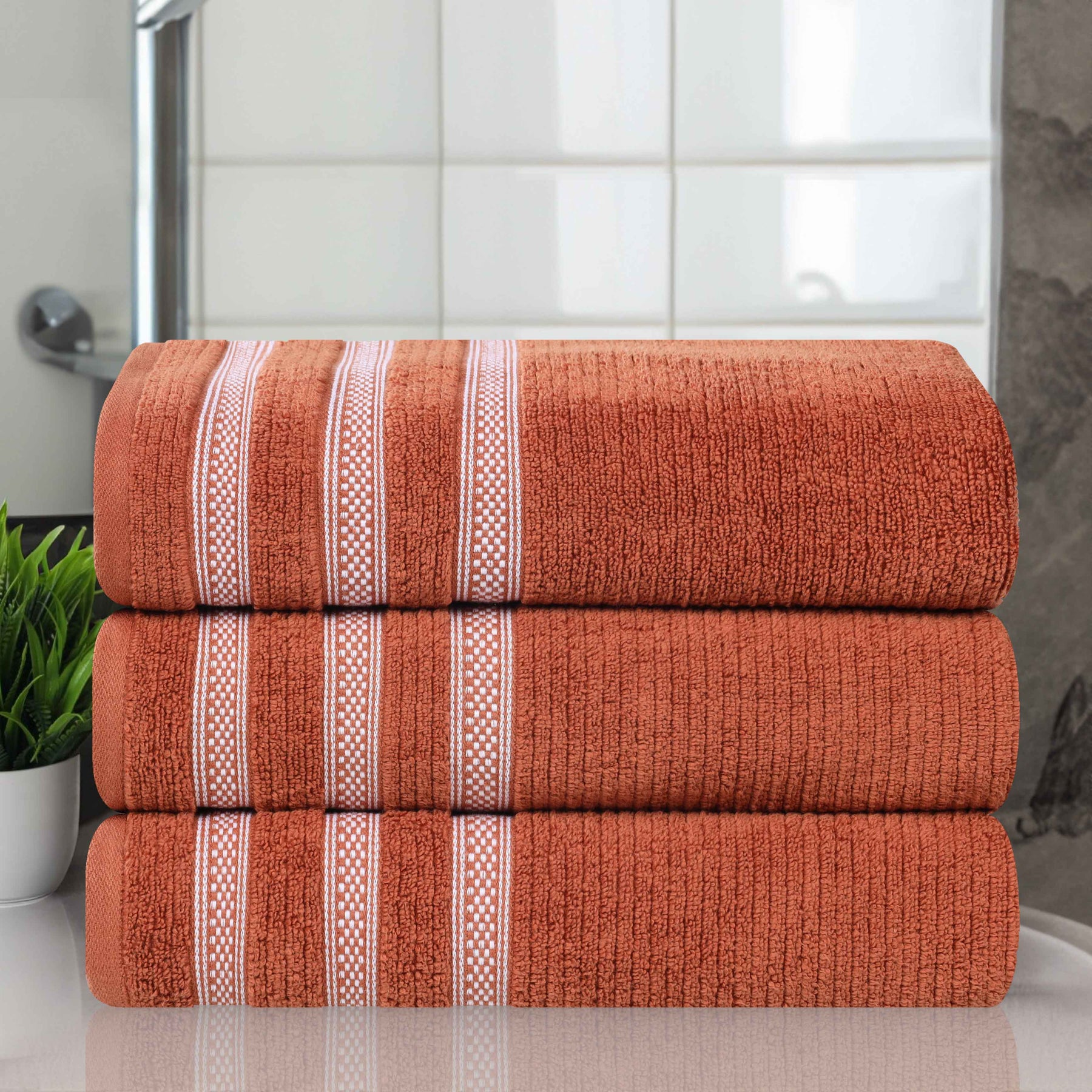 Brea Zero Twist Cotton Ribbed Geometric Border Bath Towel Set of 3