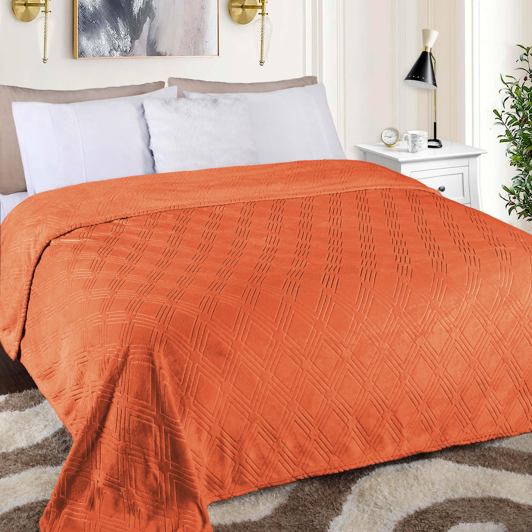 Alaska Diamond Fleece Plush Ultra-Soft Fluffy Blanket - Rust