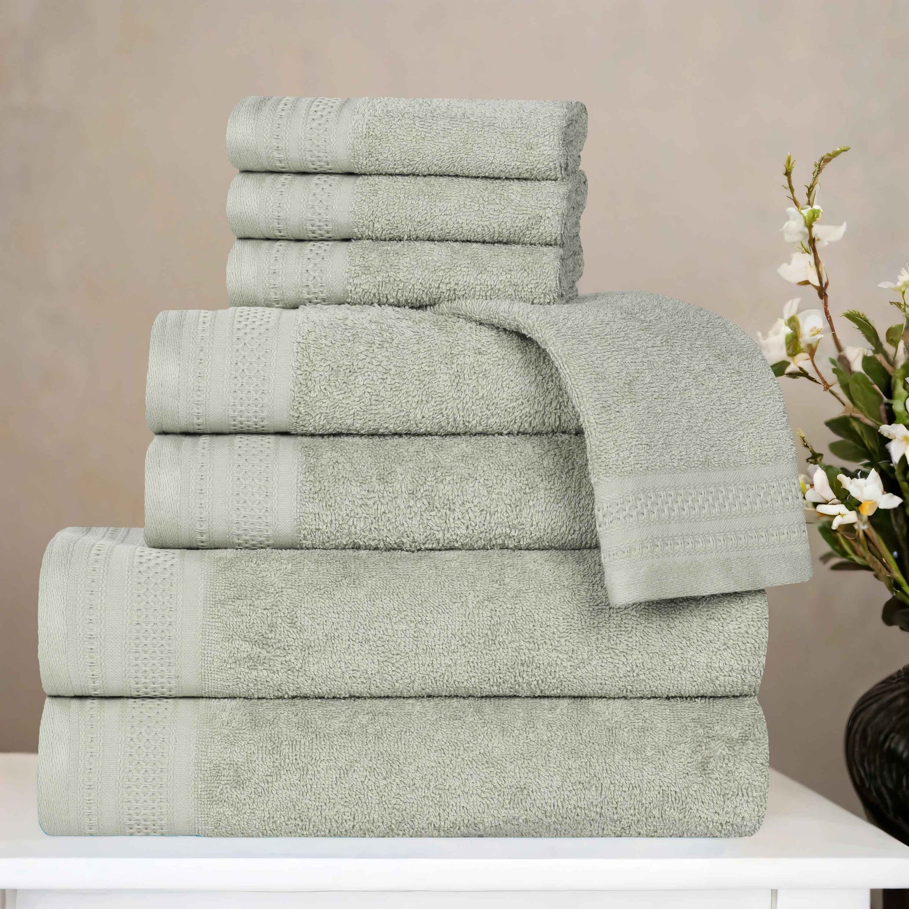 Honeycomb Textured Waffle Border Cotton 8 Piece Towel Set