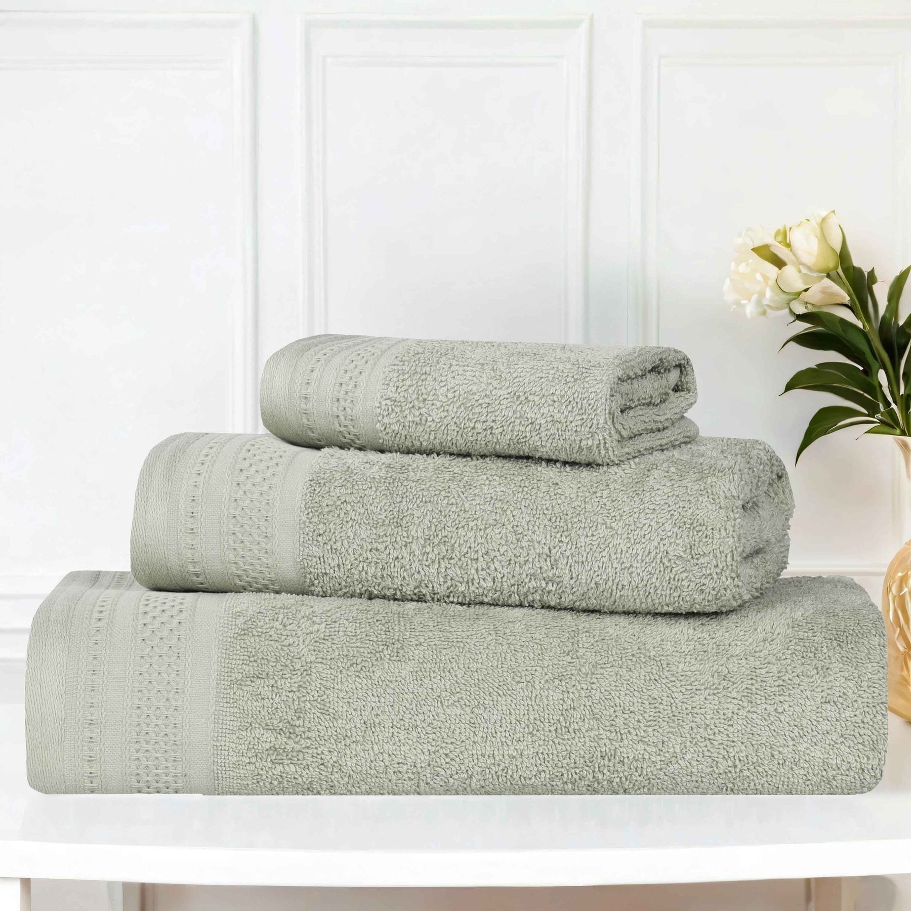 Honeycomb Textured Waffle Border Cotton 3 Piece Towel Set