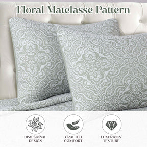 Enzy Medium Weight Floral Matelasse 3 Piece Bedspread Pillow Sham Set