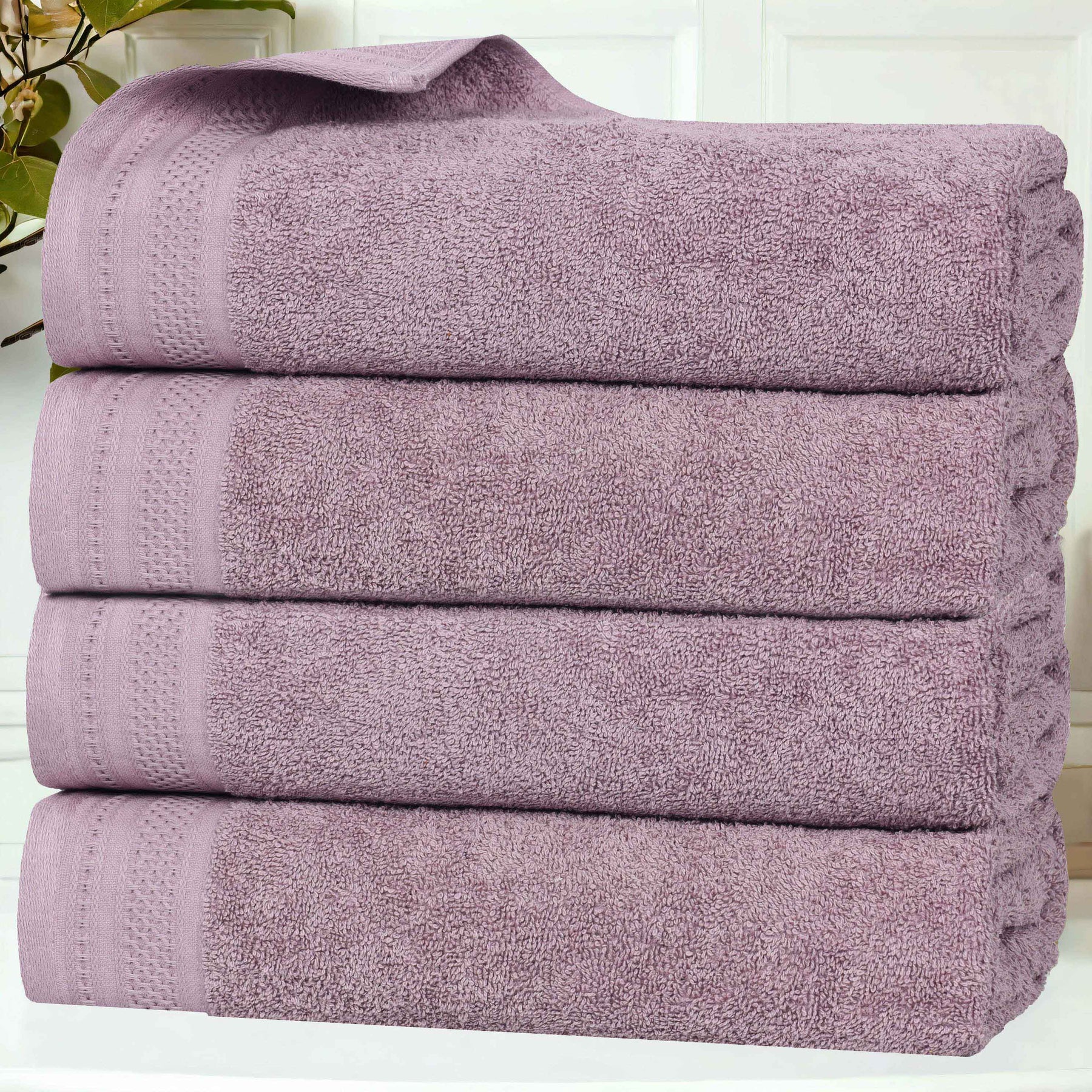 Honeycomb Textured Waffle Border Cotton Bath Towels, Set of 4