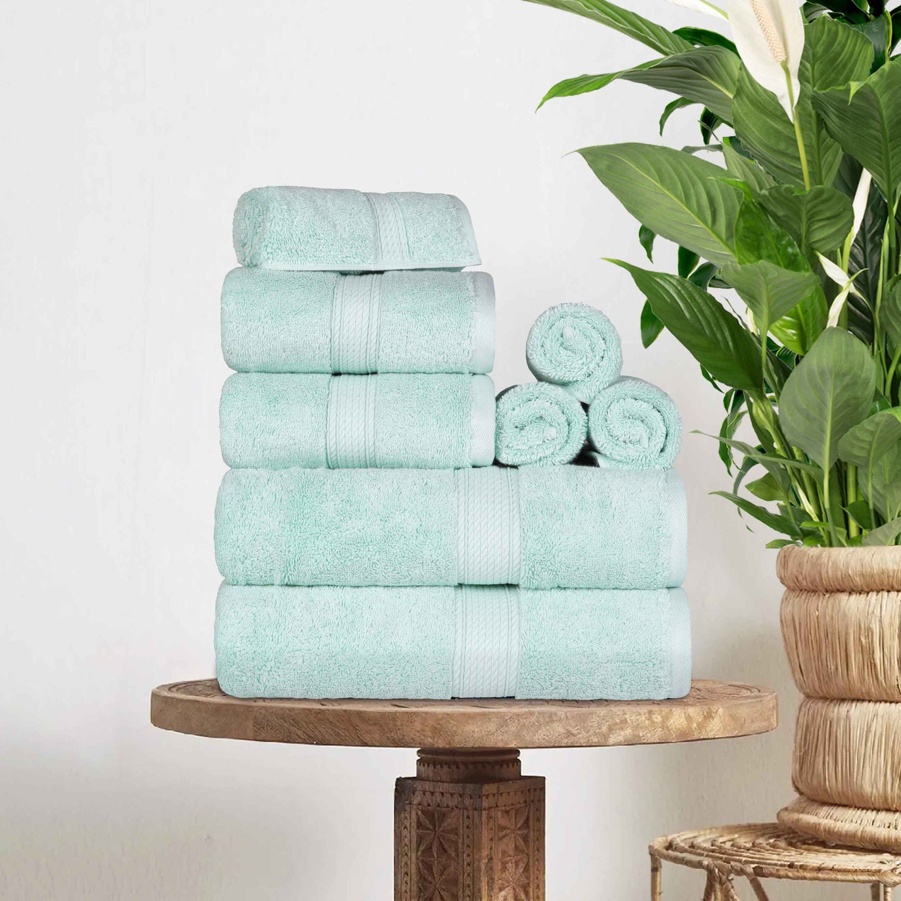 Egyptian Cotton Pile 8 Piece Ultra Plush Solid Towel Set - Seafoam