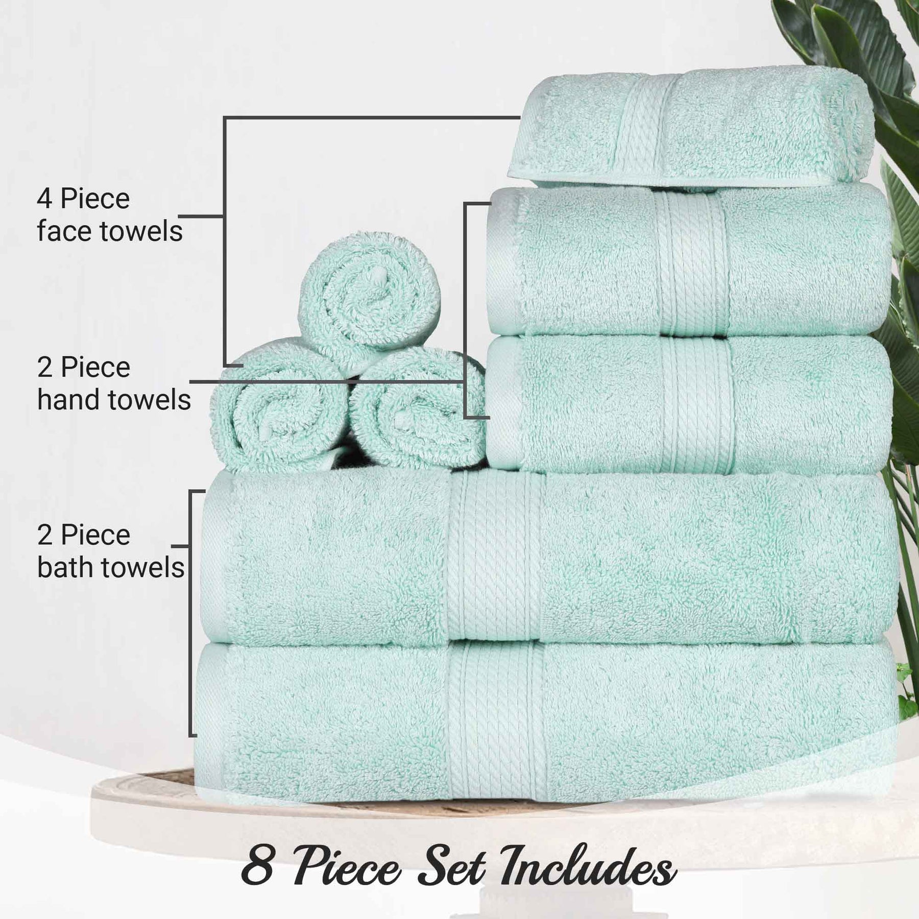 Egyptian Cotton Pile 8 Piece Ultra Plush Solid Towel Set - Seafoam