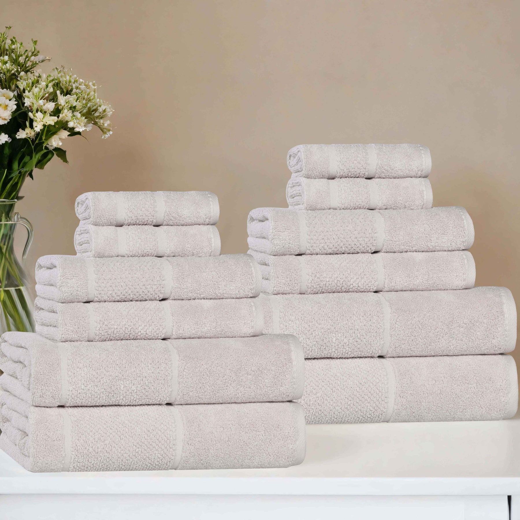 Mile Smart Twist Cotton Solid Thick Border 12 Piece Towel Set