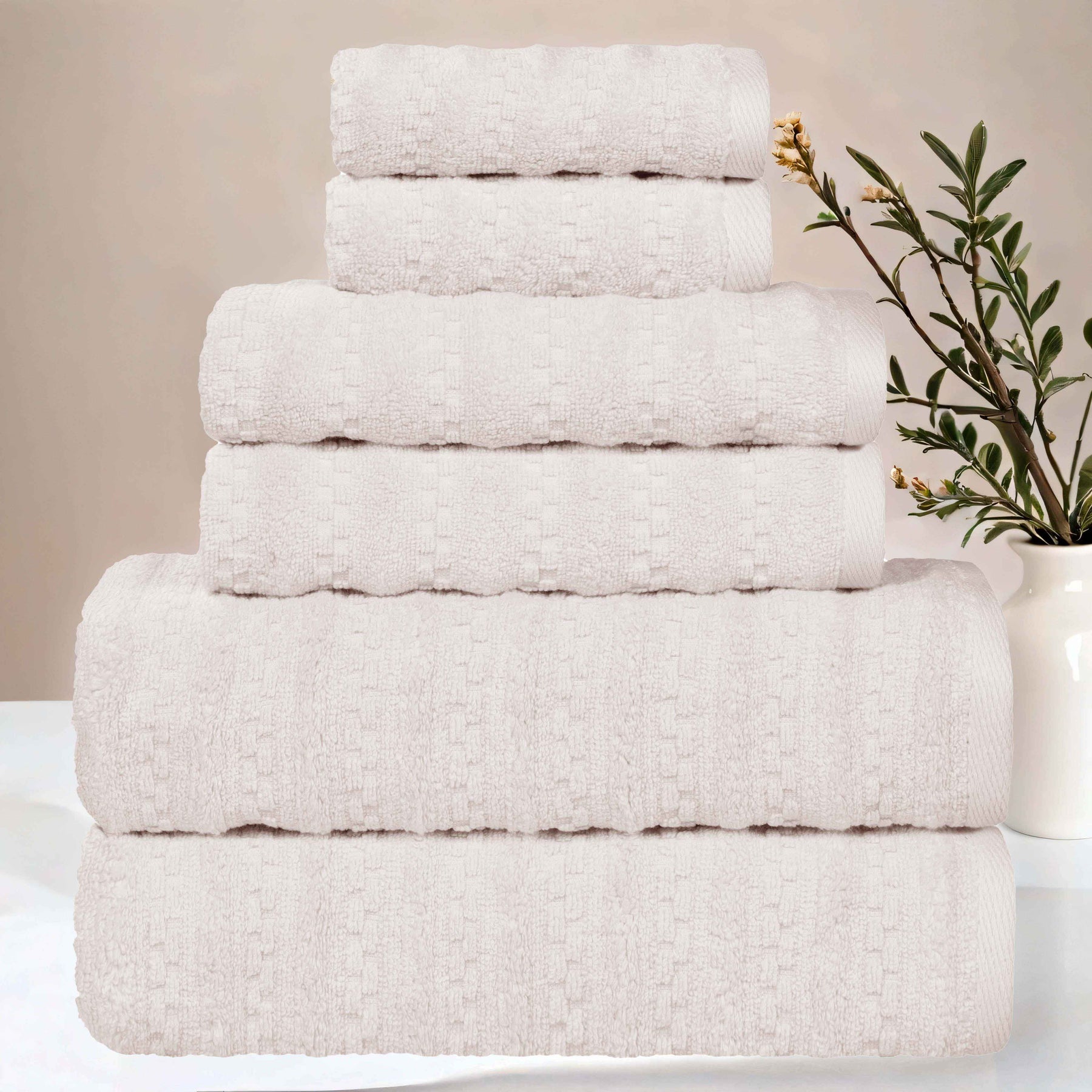 Zuma Zero Twist Cotton Medium Weight Waffle Stripes 6 Piece Towel Set