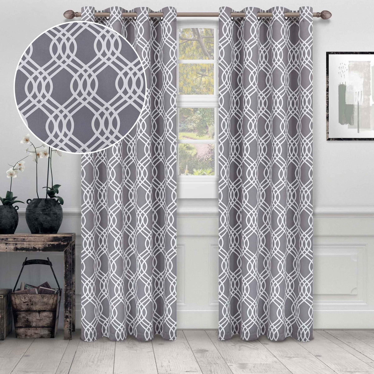 Ribbon Machine Washable Room Darkening Blackout Curtain Set - Silver