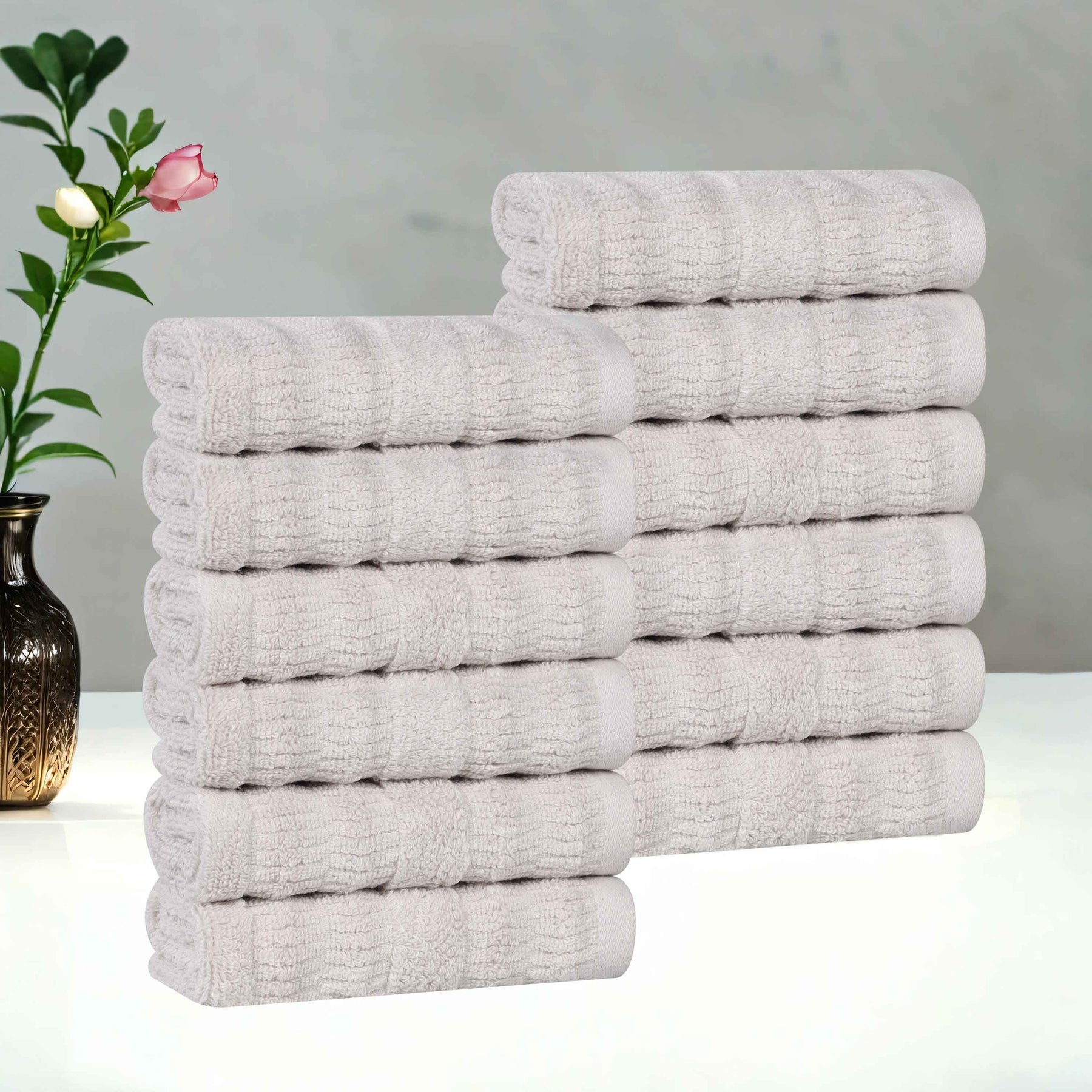 Mika Smart Twist Cotton Solid Textured Ribbed Face Towels, Set of 12