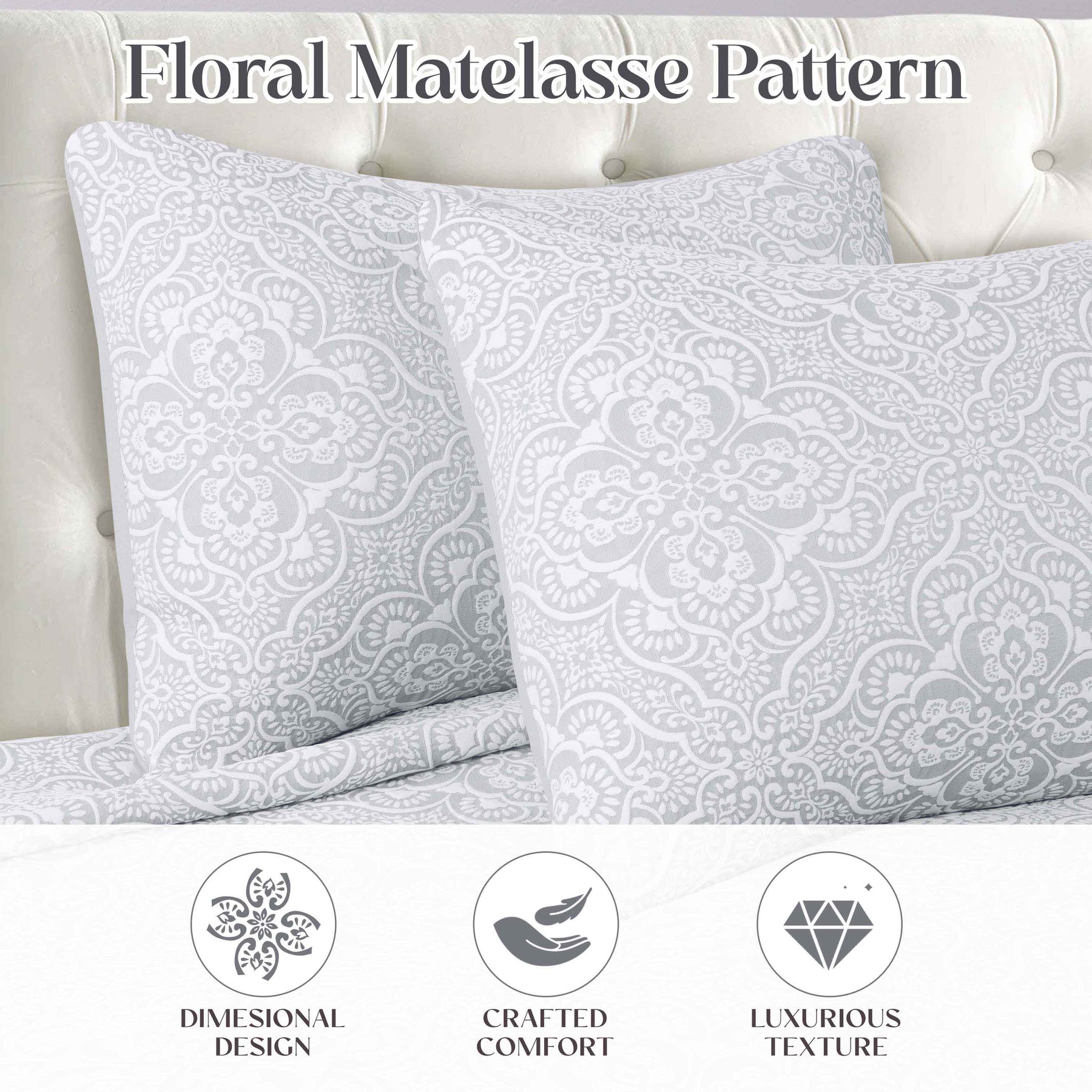 Enzy Medium Weight Floral Matelasse 3 Piece Bedspread Pillow Sham Set