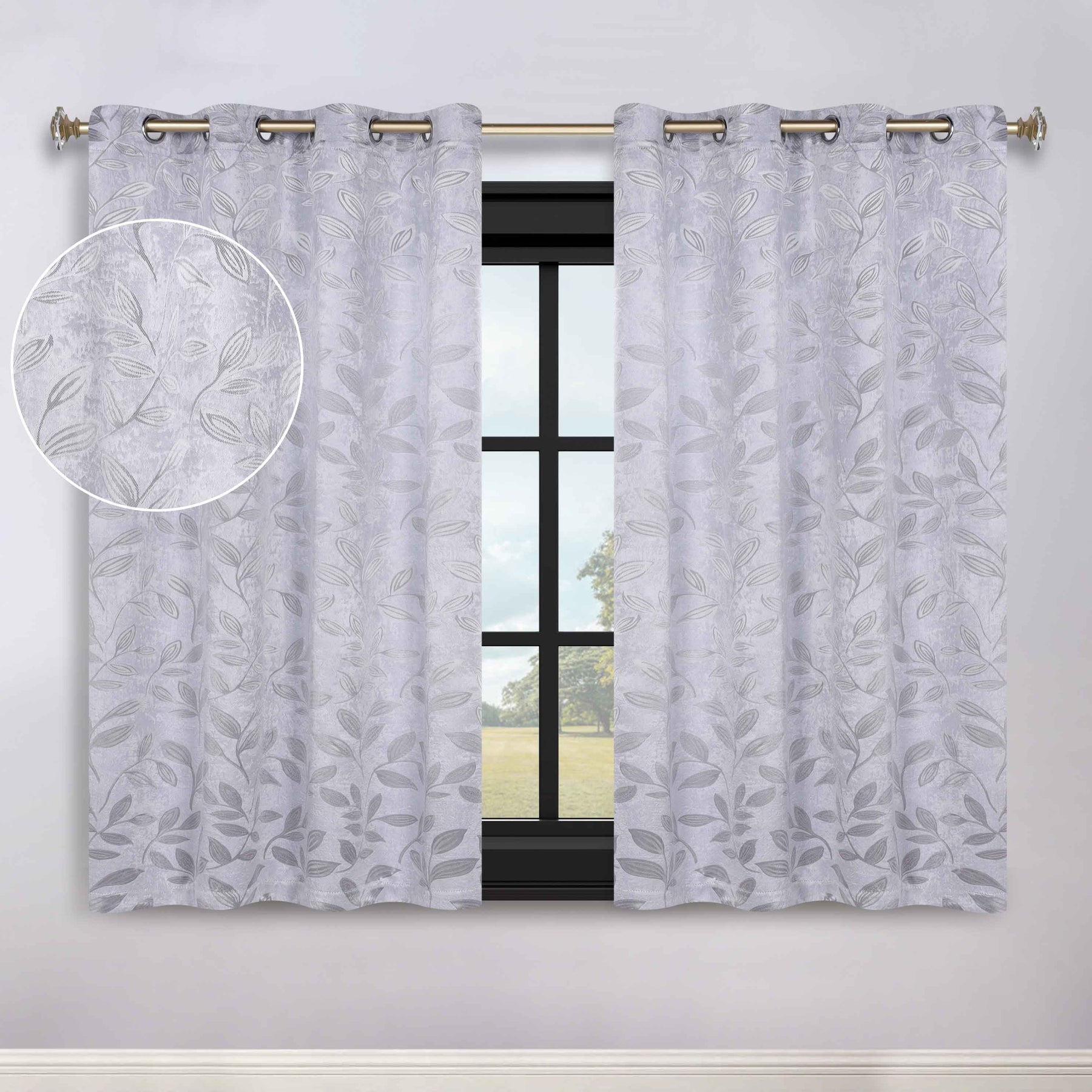 Leaves Room Darkening Grommet Blackout Curtain Panels, Set of 2 - Silver