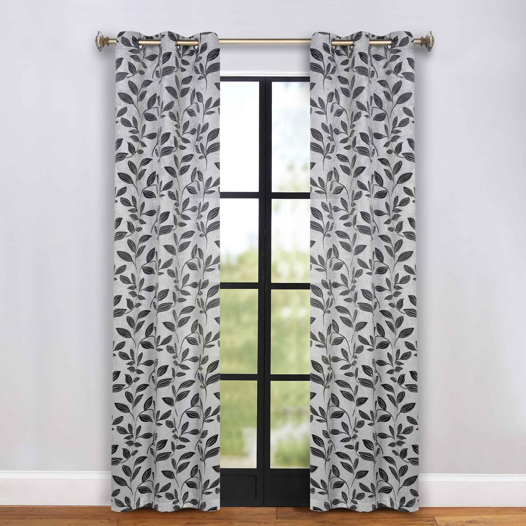 Leaves Room Darkening Grommet Blackout Curtain Panels, Set of 2 - Silver-Black