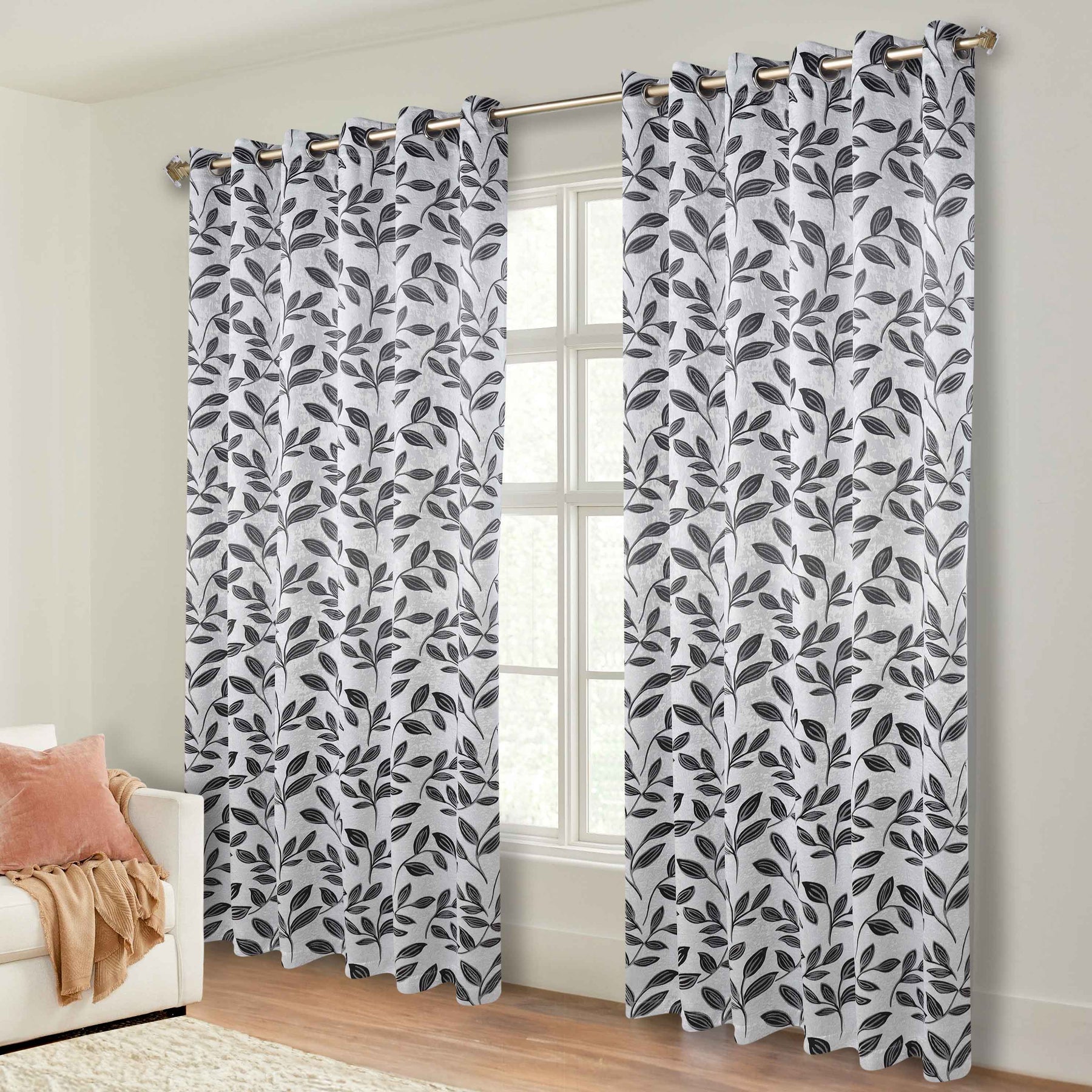 Leaves Room Darkening Grommet Blackout Curtain Panels, Set of 2 - Silver-Black