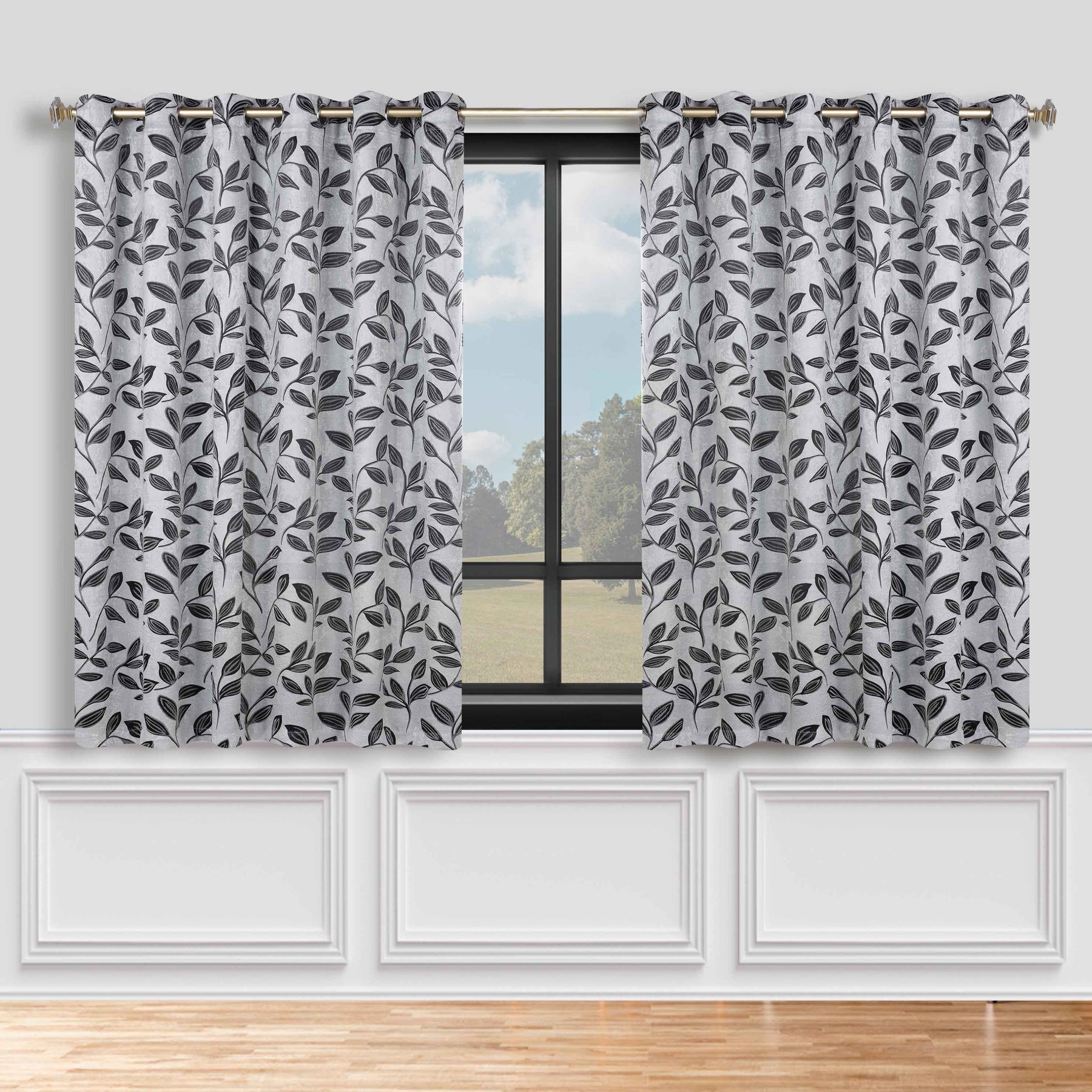 Leaves Room Darkening Grommet Blackout Curtain Panels, Set of 2 - Silver-Black