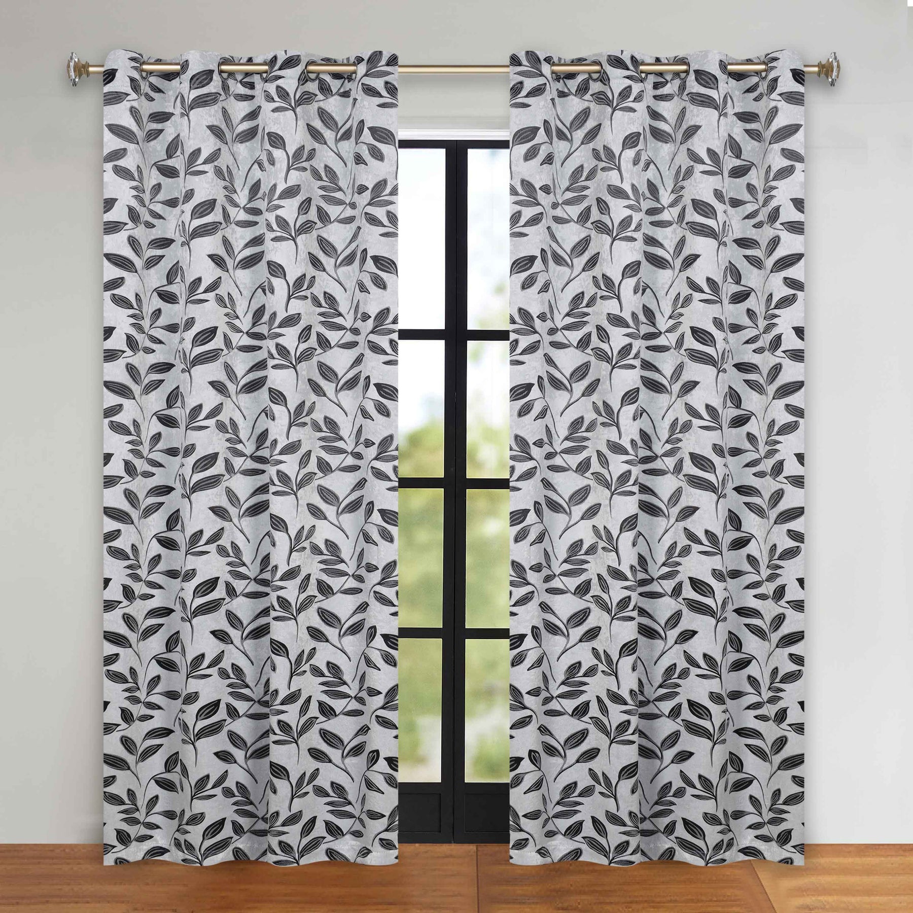 Leaves Room Darkening Grommet Blackout Curtain Panels, Set of 2 - Silver-Black