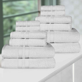 Ultra-Soft Cotton Absorbent Quick-Drying 12 Piece Assorted Towel Set - Silver