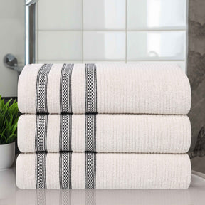 Brea Zero Twist Cotton Ribbed Geometric Border Bath Towel Set of 3