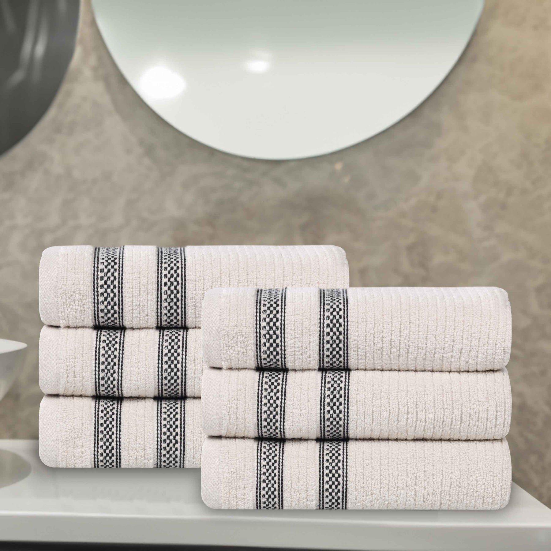 Brea Zero Twist Cotton Ribbed Modern Geometric Hand Towel Set of 6