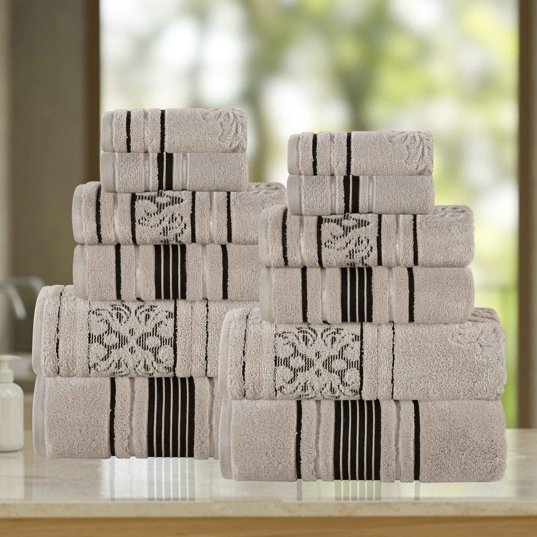 Sadie Zero Twist Cotton Solid and Jacquard Floral 12 Piece Towel Set