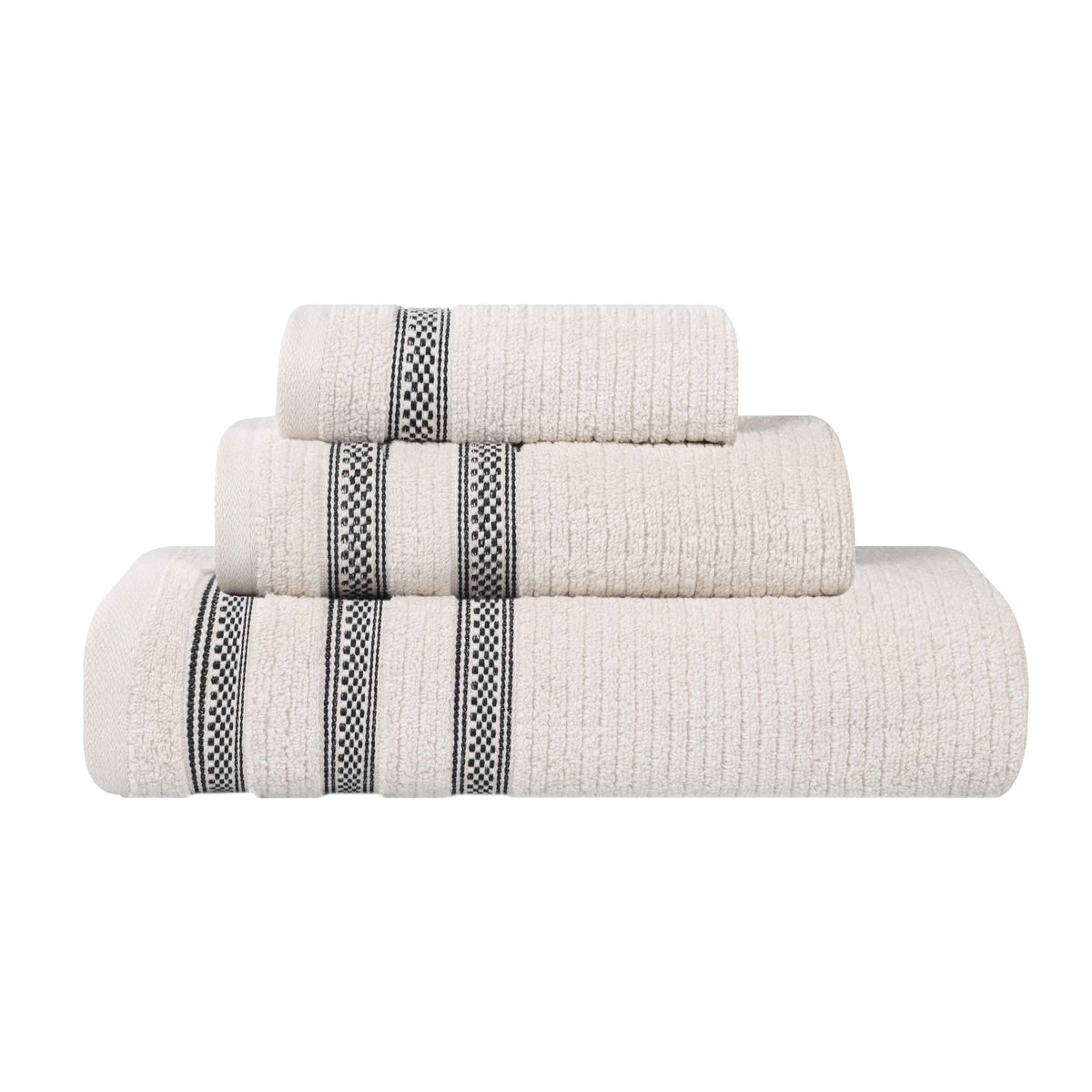 Brea Zero Twist Cotton Ribbed Geometric Border 3 Piece Towel Set