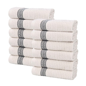 Brea Zero Twist Cotton Ribbed Geometric Border Face Towel Set of 12