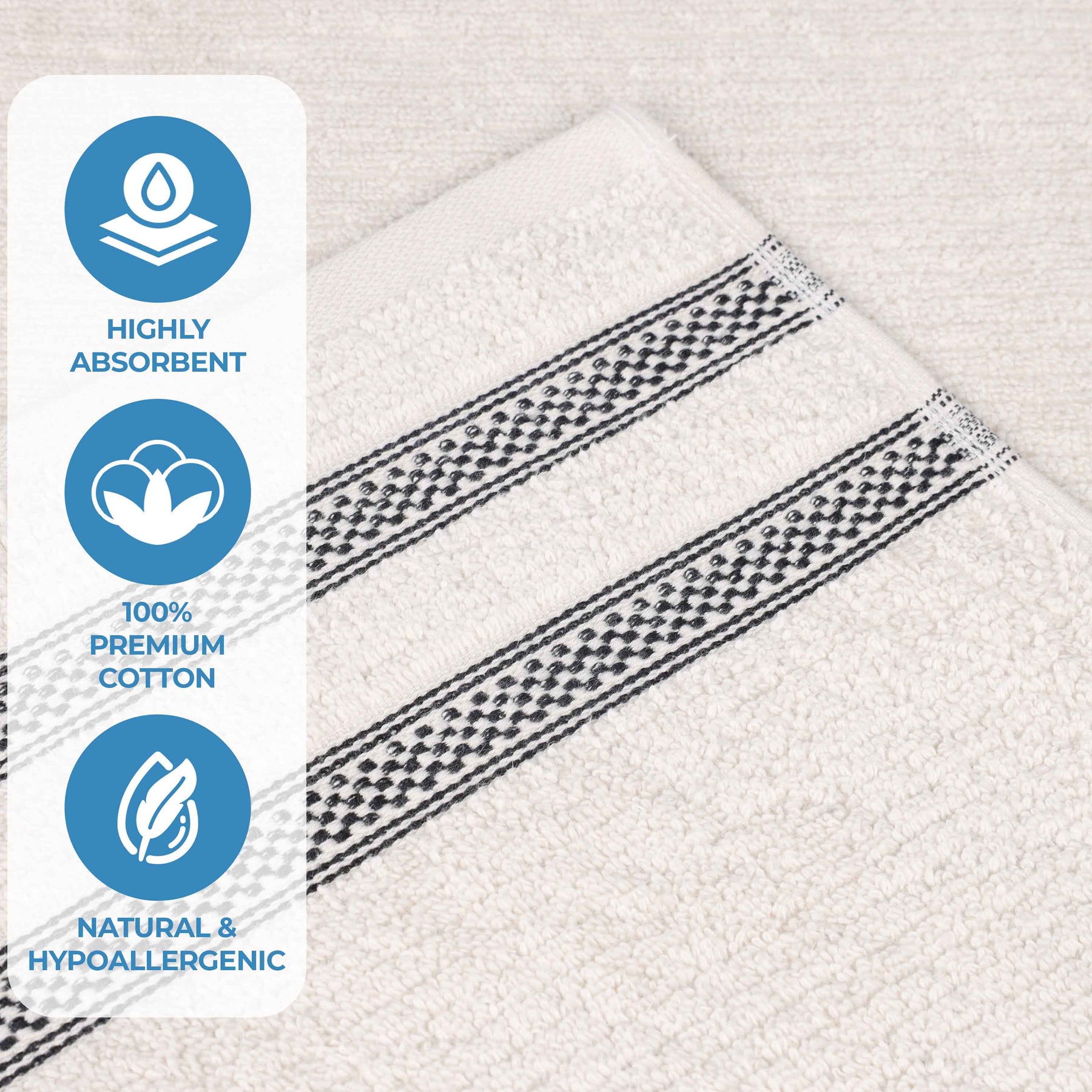 Brea Zero Twist Cotton Ribbed Geometric Border Bath Towel Set of 3