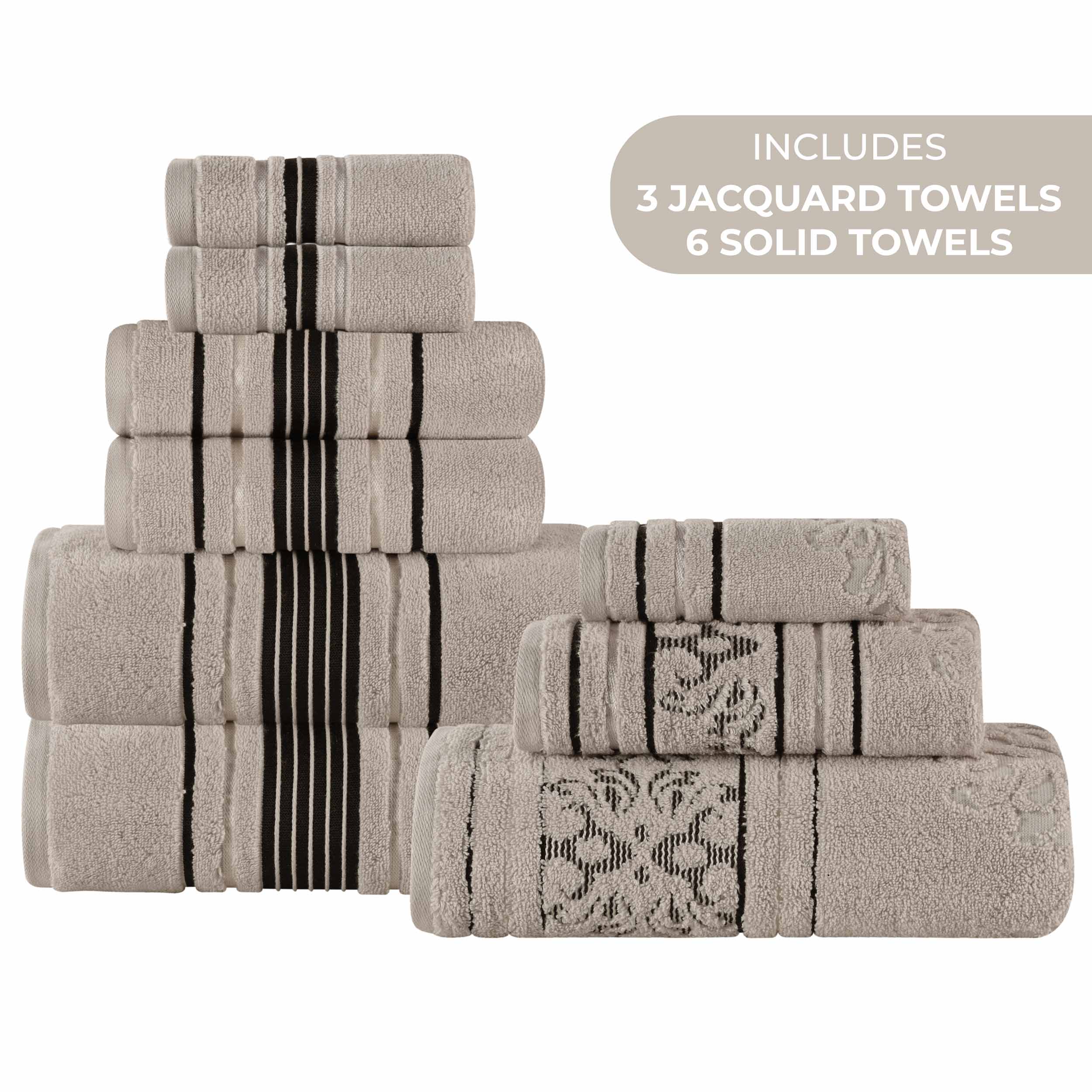 Sadie Zero Twist Cotton Solid and Jacquard Floral 9 Piece Towel Set - Towel Set by Superior