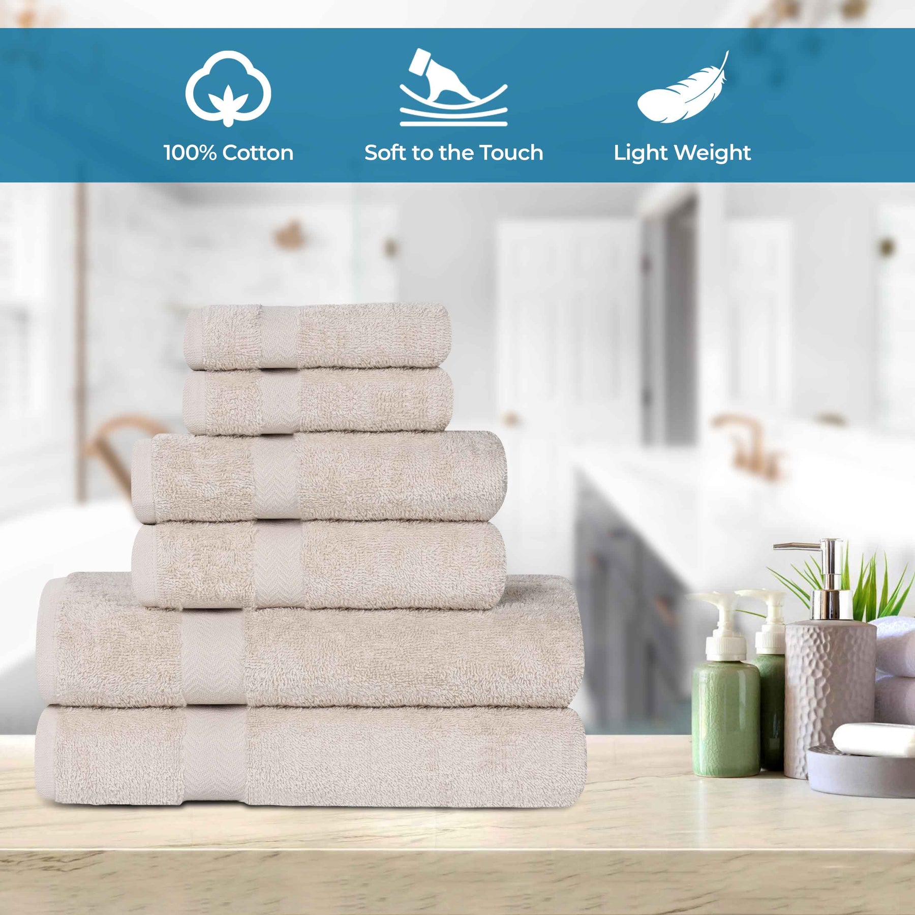 6 Piece Cotton Eco-Friendly Soft Absorbent Towel Set