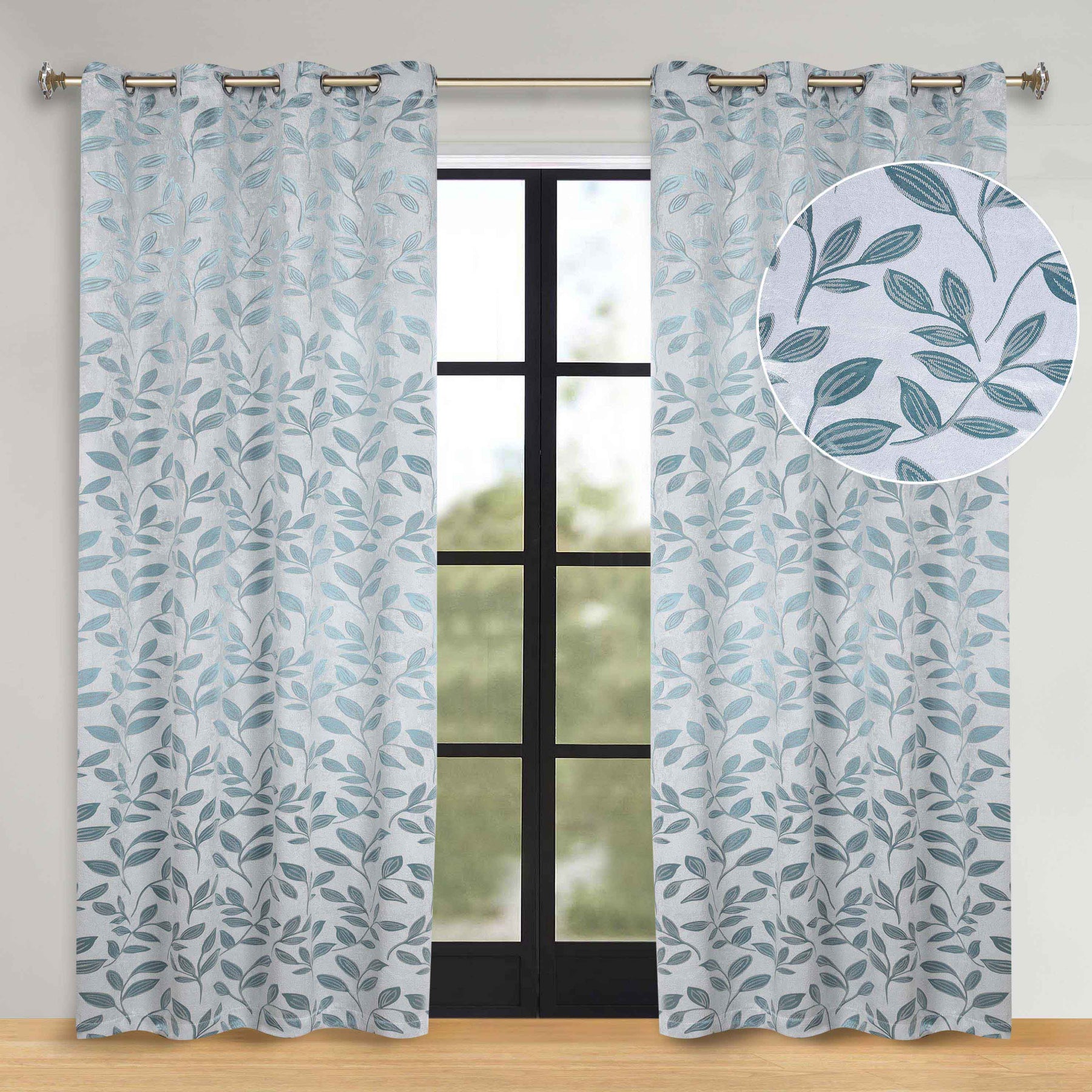 Leaves Room Darkening Washable Blackout Curtain Panels, Set of 2 - Teal