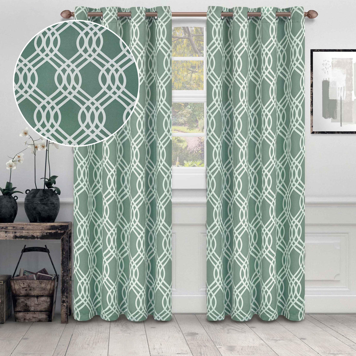 Ribbon Machine Washable Room Darkening Blackout Curtain Set - Teal