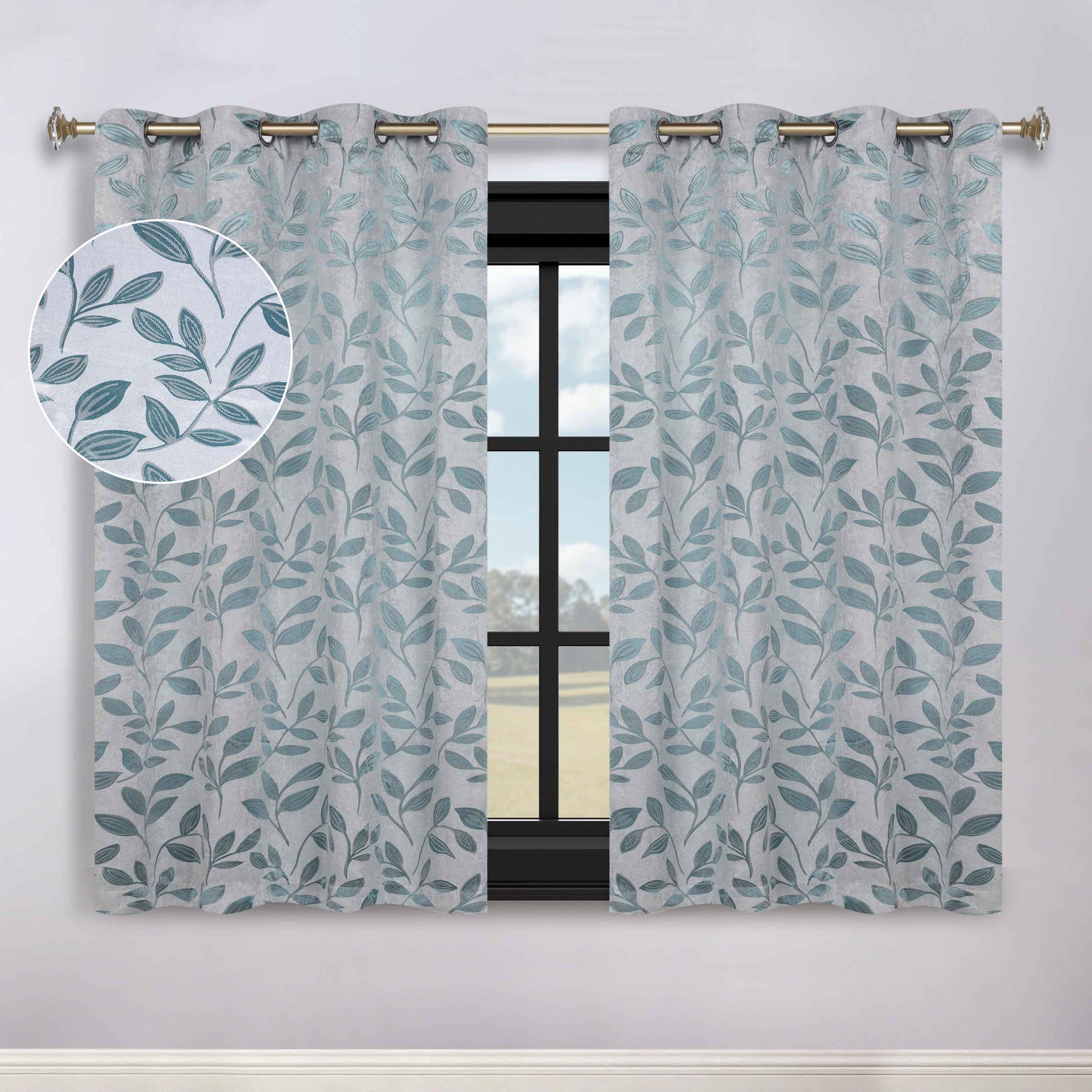 Leaves Room Darkening Washable Blackout Curtain Panels, Set of 2 - Teal