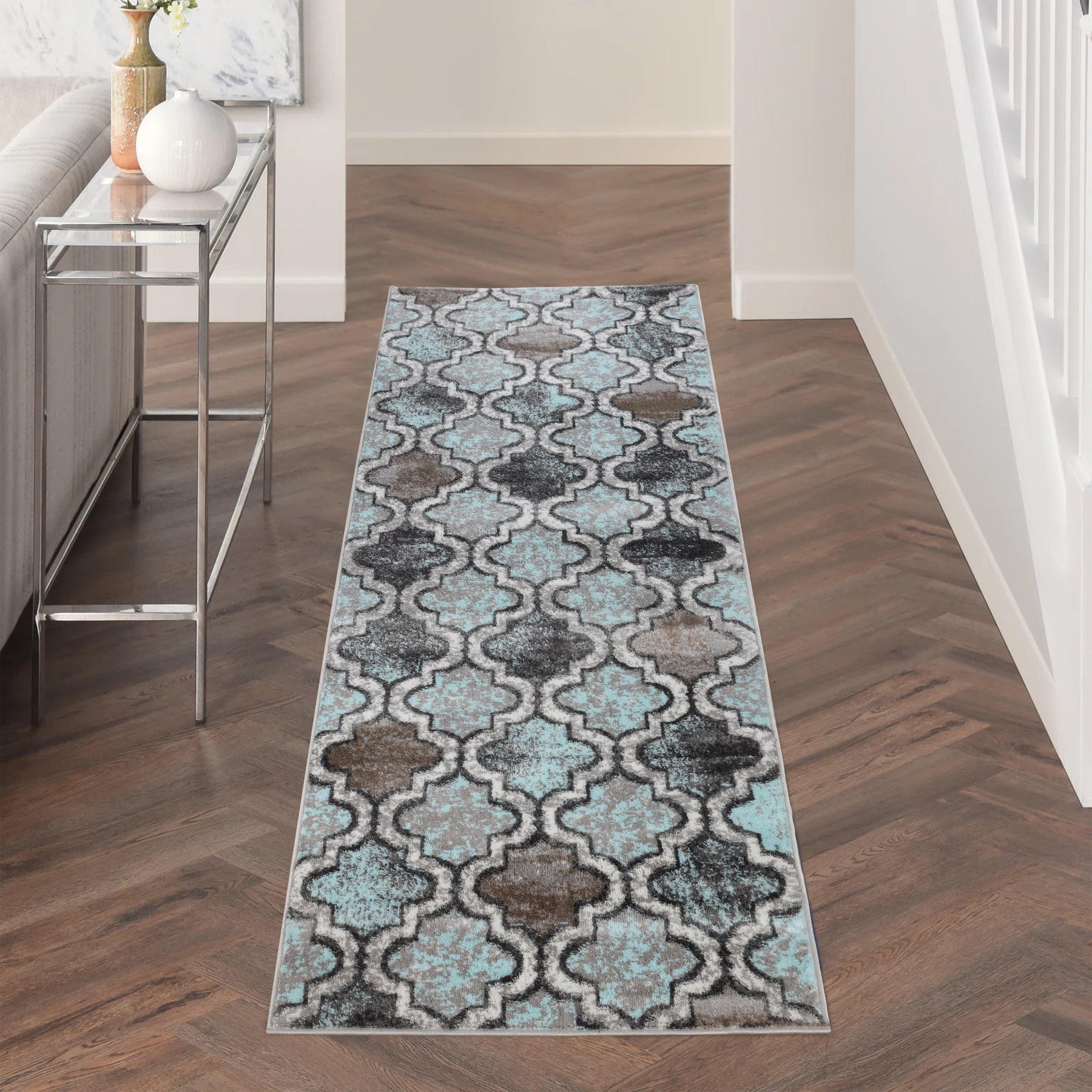 Viking Contemporary Geometric Trellis Indoor Area Rug or Runner - Turquoise