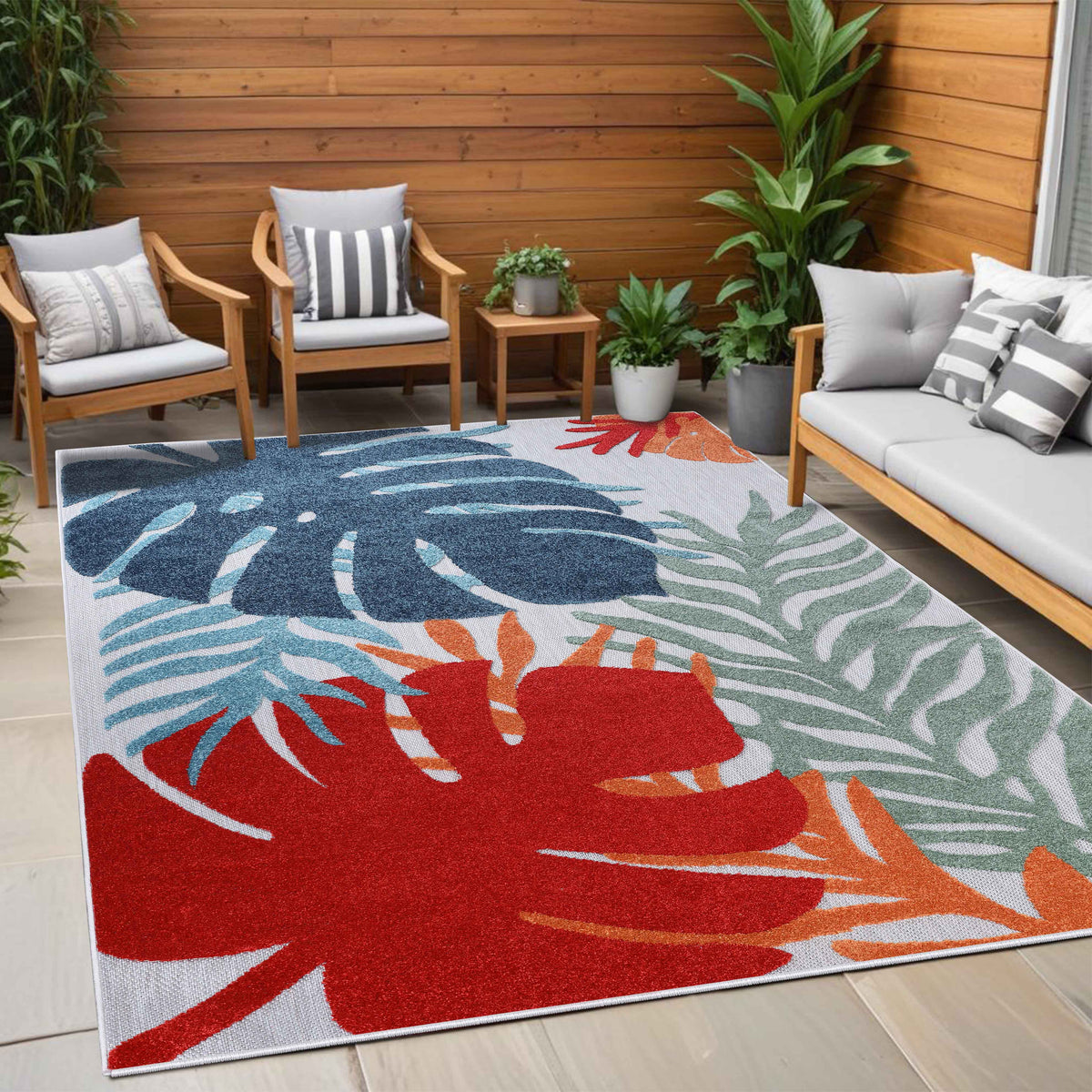 Waikiki Oversized Tropical Leaves Coastal Area Rug Indoor Outdoor Rugs - Multicolor